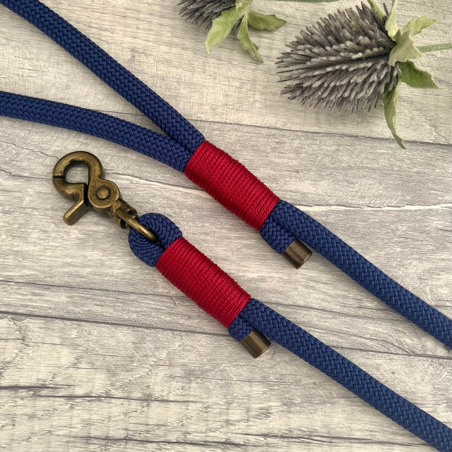 Marine Blue Paracord rope lead with Raspberry whipping securing each end together. At each end of the rope there is a metal end cap, a clip to connect to a collar at one end and a O-ring fixed to the handle. All hardware is Antique Brass