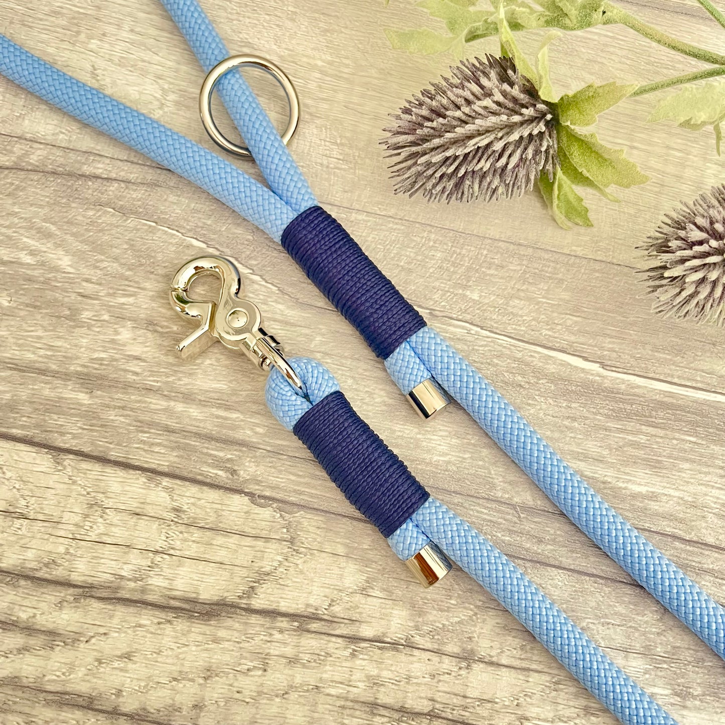 Polar Blue rope lead with Navy whipping securing a swivel clip at one end with whipping securing a handle at the other. The ends of the rope ends are finished with metal end caps. All hardware is in Silver