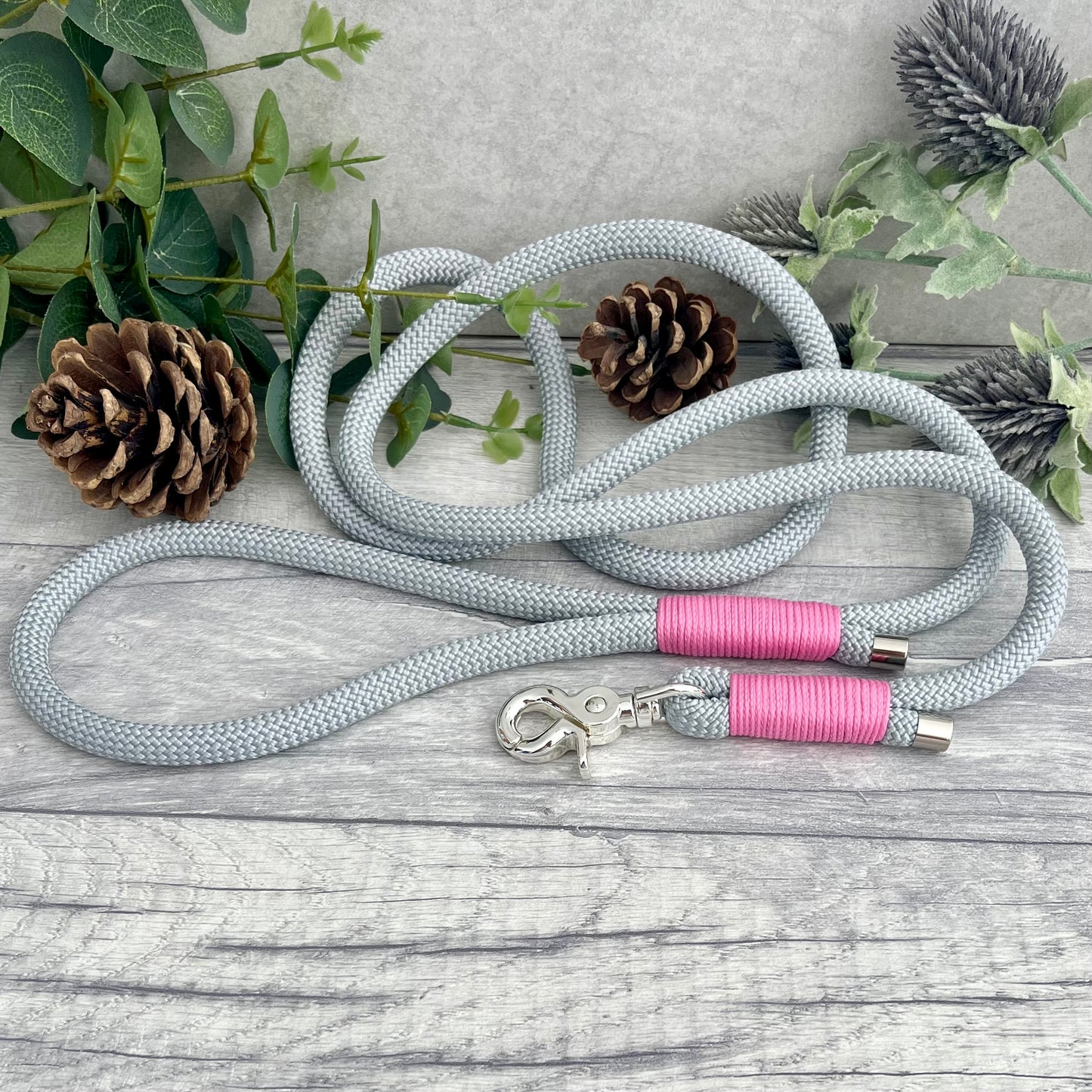 Silver Grey rope lead with Rose Pink whipping securing a swivel clip at one end and fastening a handle at the other. The handle has an O-ring attached. Each end of the rope is finished with a metal end cap. All hardware for this lead is in Silver