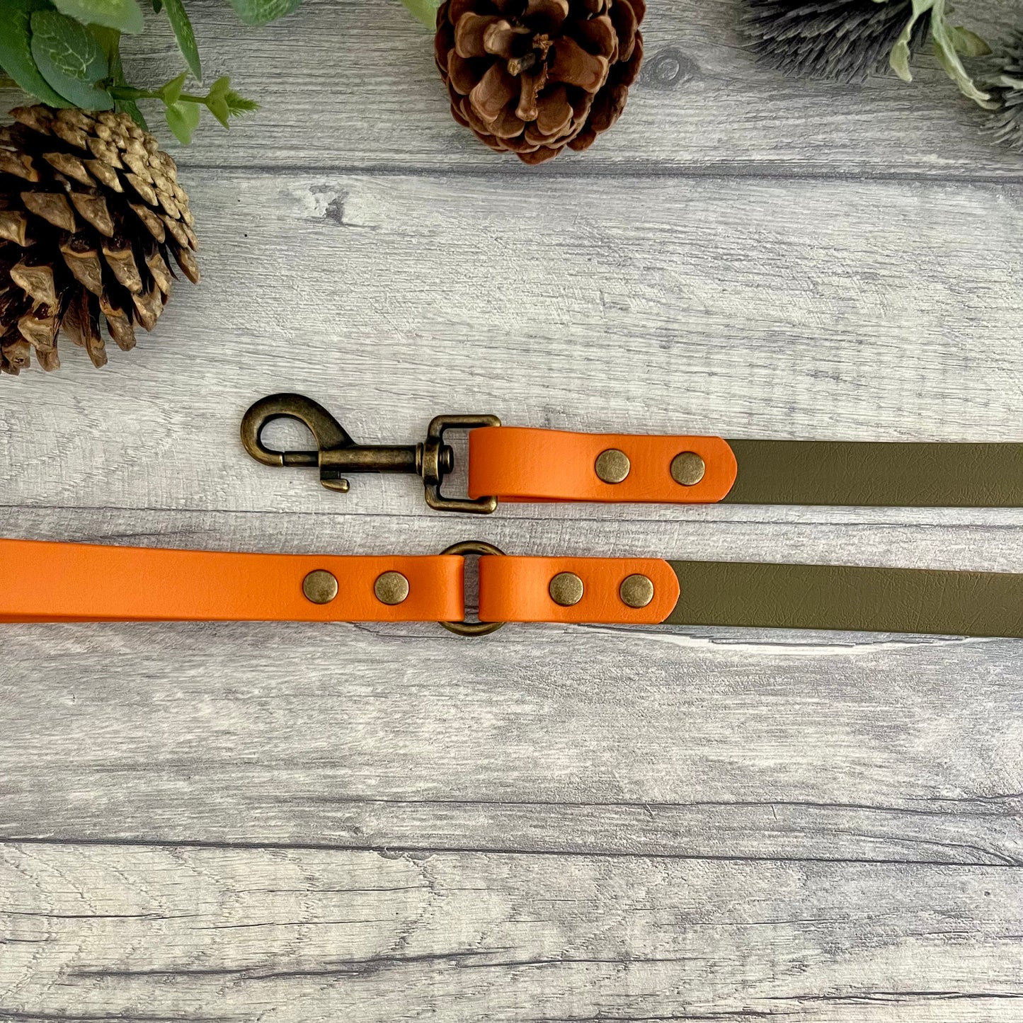 Two coloured Biothane dog lead. The handle and accent colour at the clip end of the lead is Burnt Orange, the mail lead colour is Military Olive giving the lead a two tone look. The hardware is Antique Brass