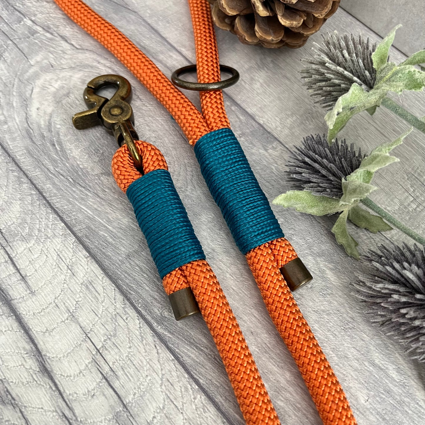 Orange rope lead with Aqua whipping securing a swivel clip at one end and fastening a handle at the other. The handle has an O-ring attached. Each end of the rope is finished with a metal end cap. All hardware for this lead is in Antique Brass