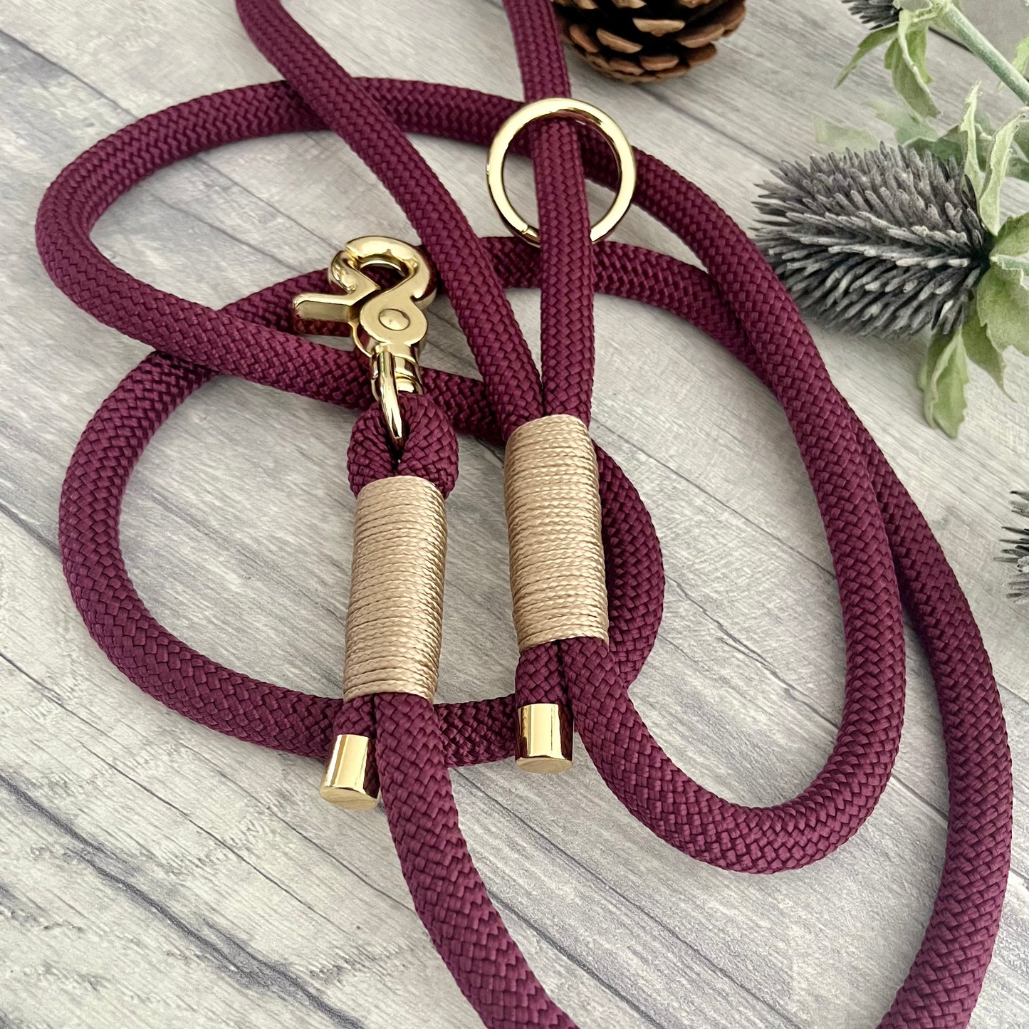 Aubergine Paracord rope lead with Light Gold whipping securing each end together. At each end of the rope there is a metal end cap, a clip to connect to a collar at one end and a O-ring fixed to the handle. All hardware is Gold