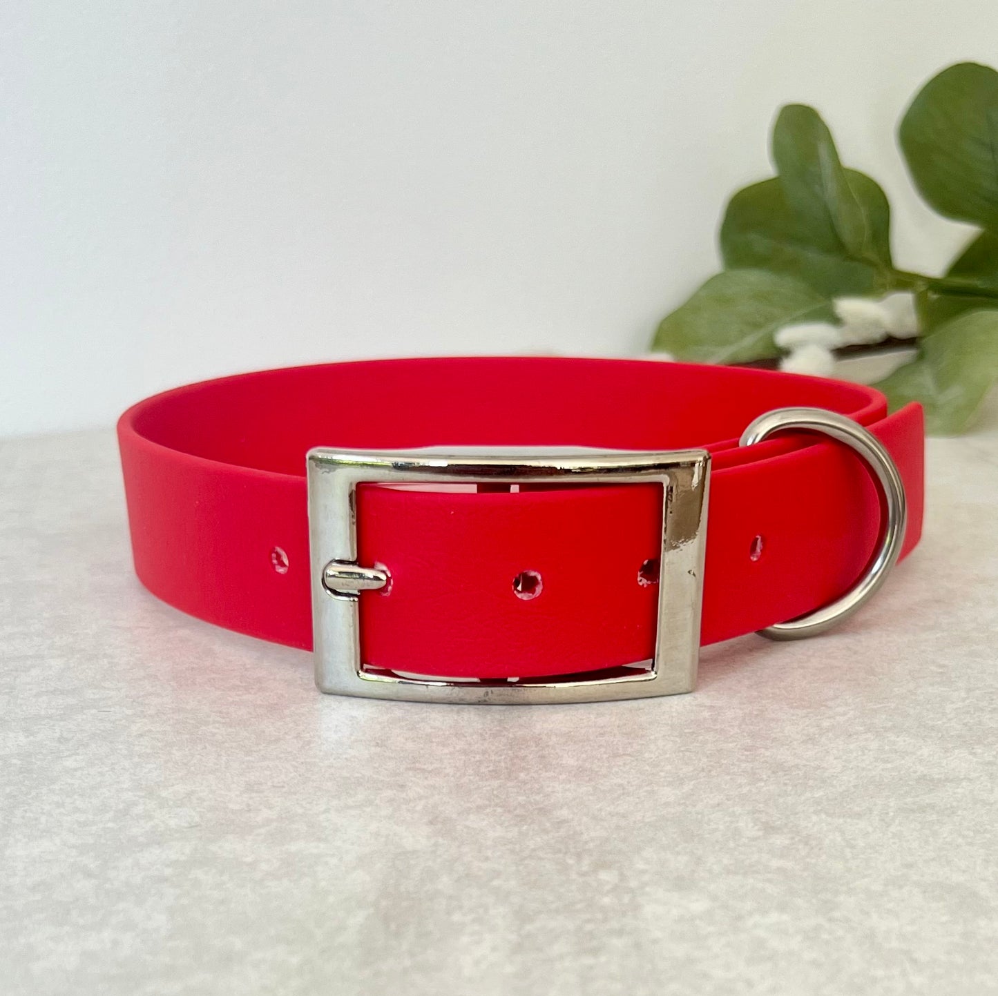 Biothane custom collar in Red with Silver buckle and a D-ring. The collar has 5 holes which are spaced 2cm apart. Soft leather appearance
