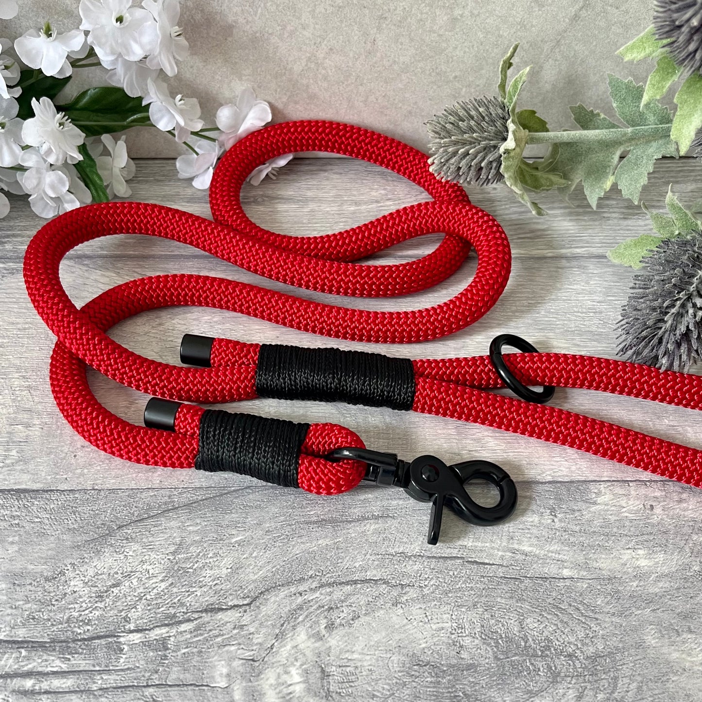 Red rope lead with Black whipping securing a swivel clip at one end and fastening a handle at the other. The handle has an O-ring attached. Each end of the rope is finished with a metal end cap. All hardware for this lead is in Black