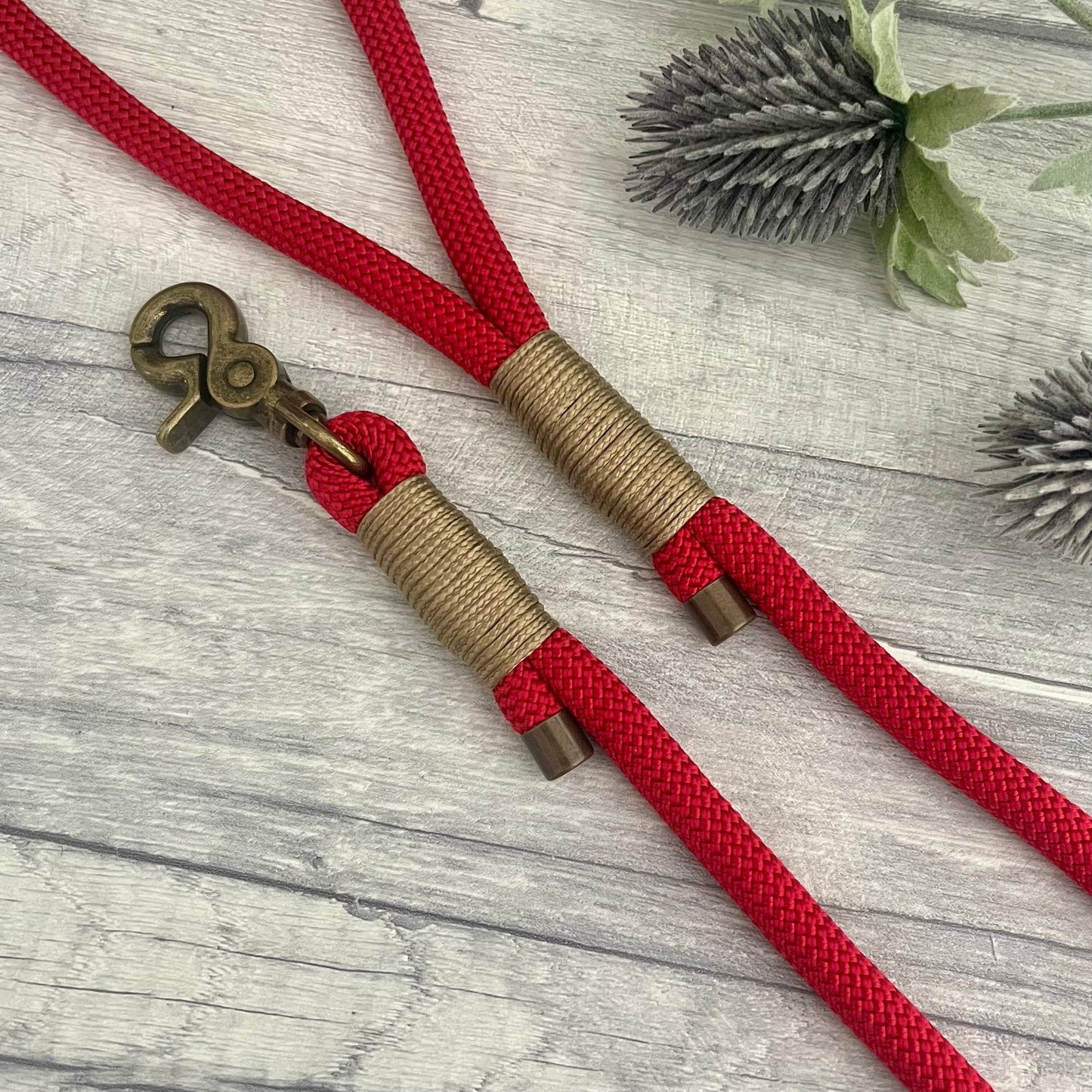 Red rope lead with Gold Brown whipping securing a swivel clip at one end and fastening a handle at the other. The handle has an O-ring attached. Each end of the rope is finished with a metal end cap. All hardware for this lead is in Antique Brass