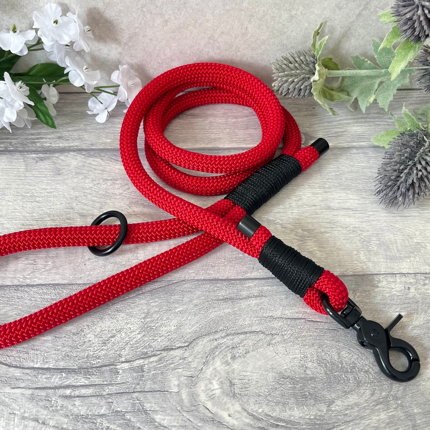 Red rope lead with Black whipping securing a swivel clip at one end and fastening a handle at the other. The handle has an O-ring attached. Each end of the rope is finished with a metal end cap. All hardware for this lead is in Black