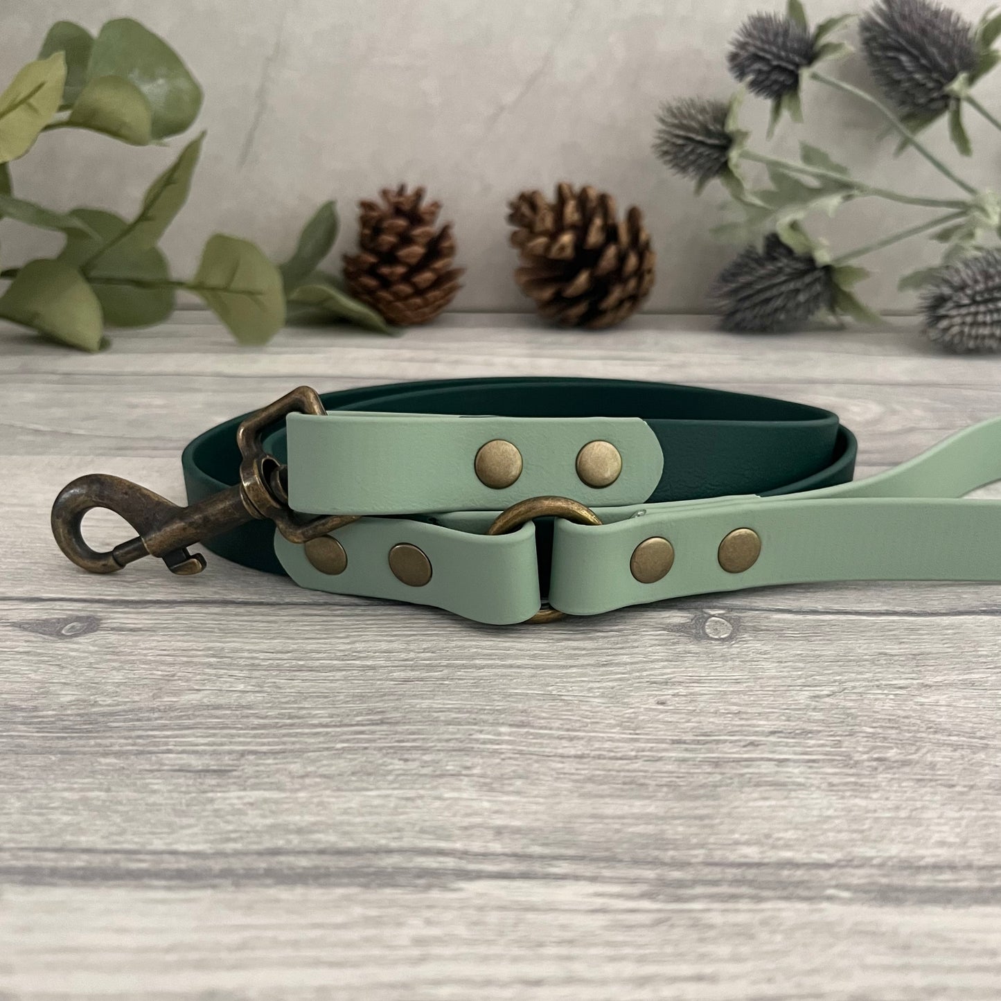 Two coloured Biothane dog lead. The handle and accent colour at the clip end of the lead is Dark Green, the mail lead colour is Sage Green, giving the lead a two tone look. The hardware is Antique Brass.