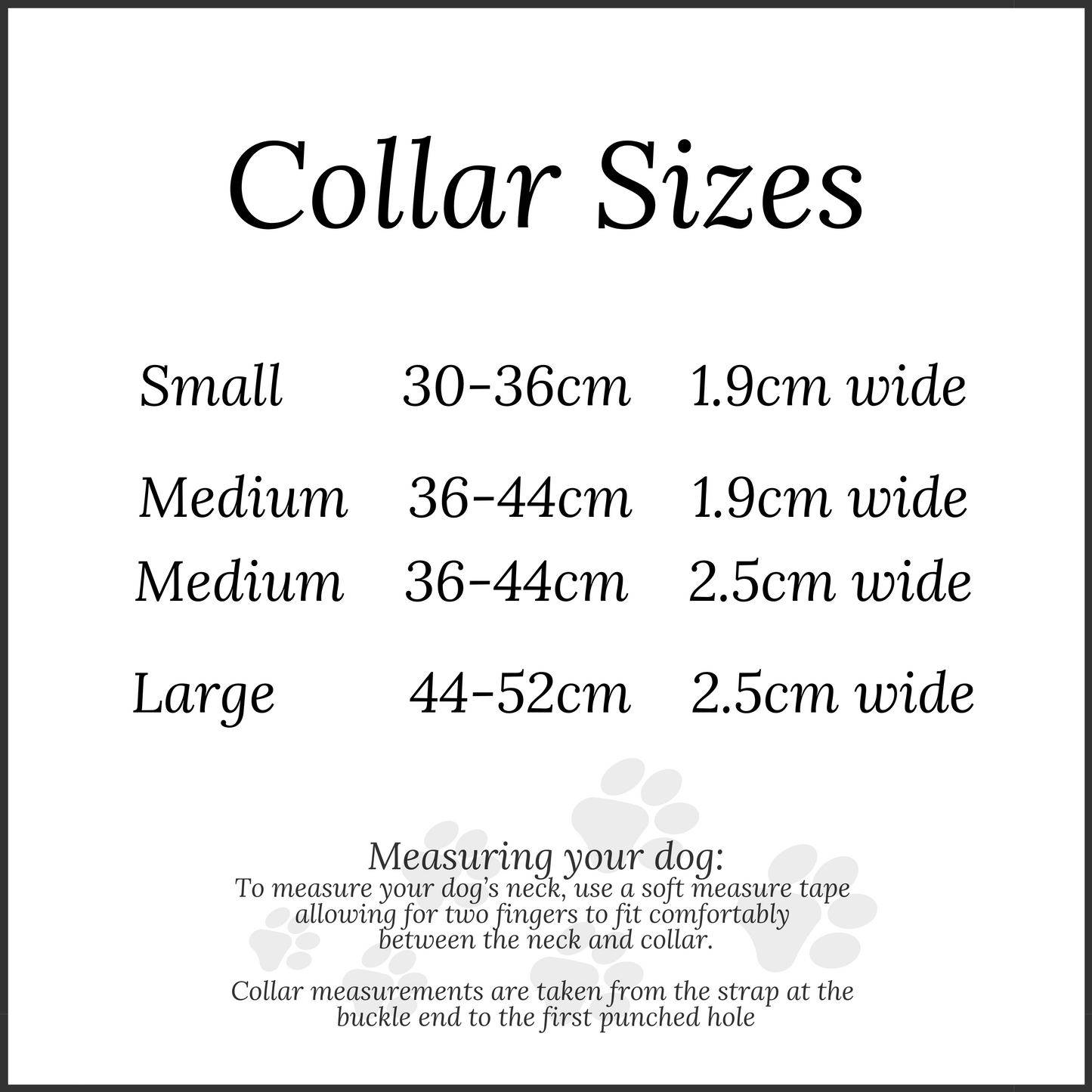 Collar size chart with measurements for small, medium, and large collars.