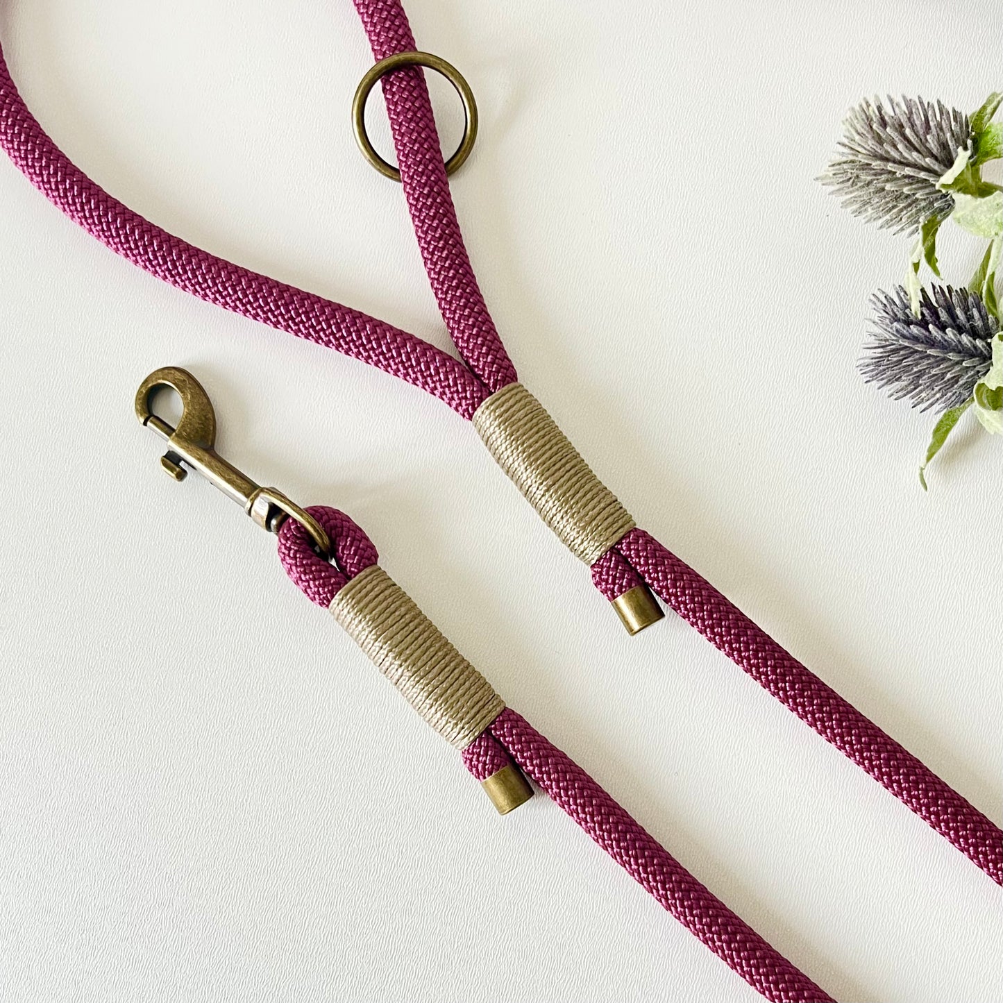 Aubergine rope dog lead with binding and antique brass hardware on a white surface