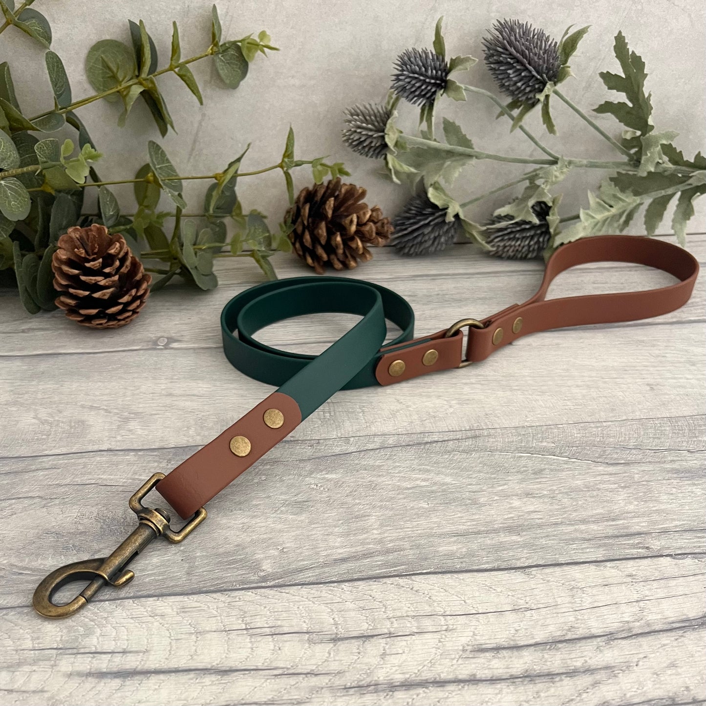 Two coloured Biothane dog lead. The handle and accent colour at the clip end of the lead is Brown the mail lead colour is Dark Green, giving the lead a two tone look. The hardware is Antique Brass.