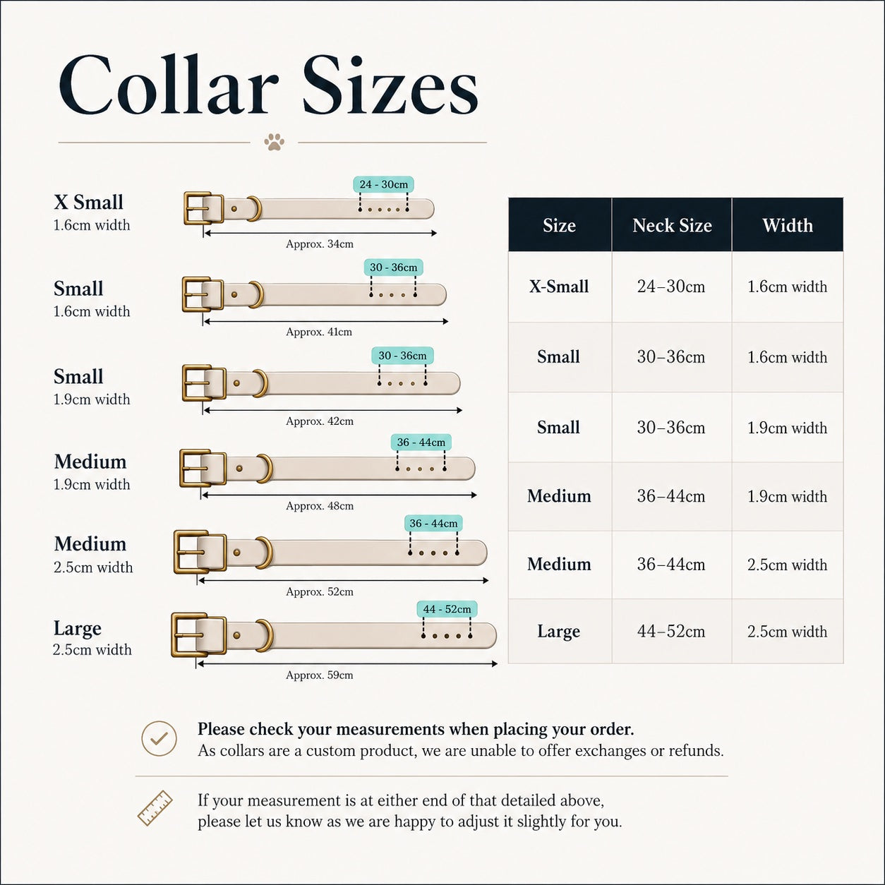 Collar size chart with measurements for different collar sizes on a white background.