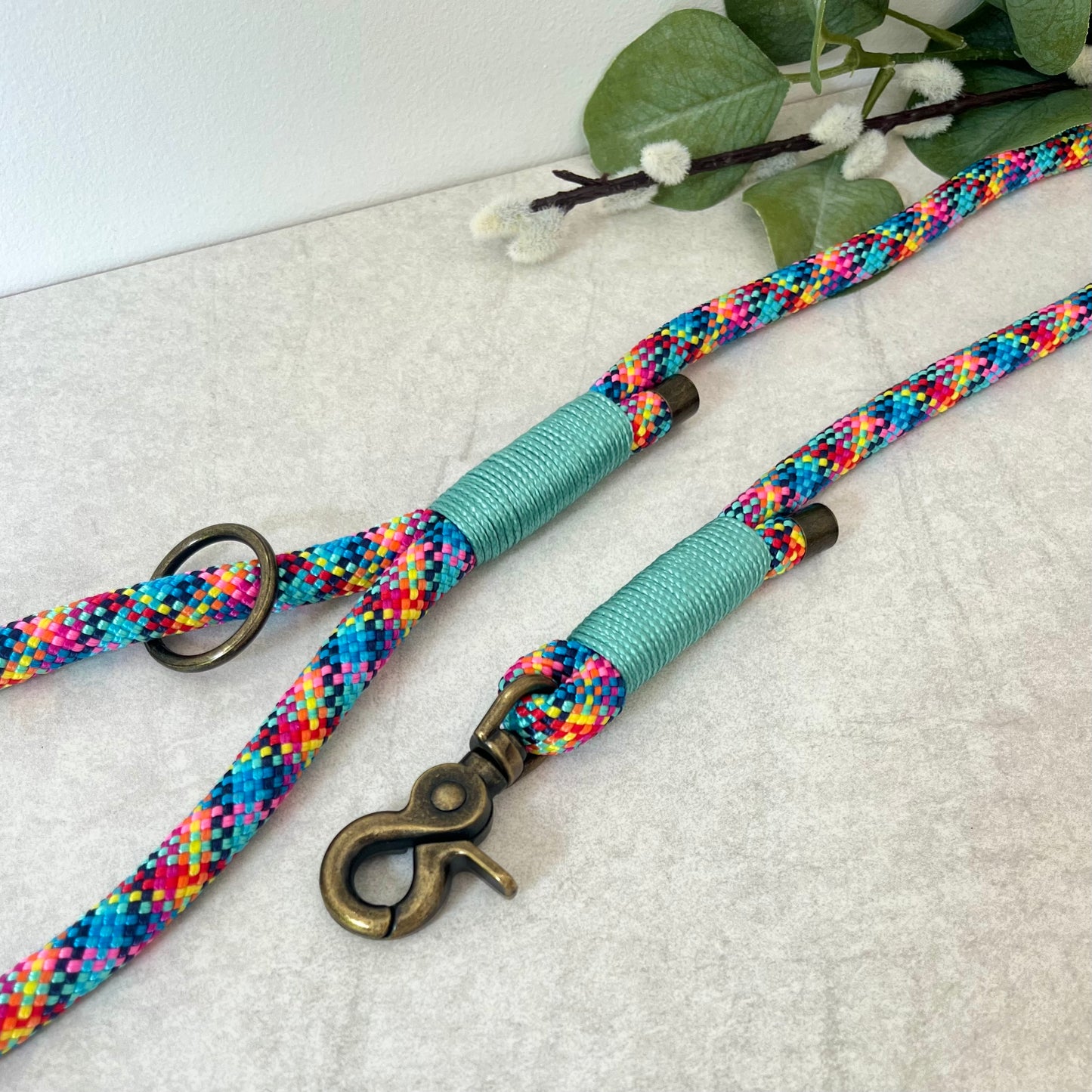 Confetti multi coloured rope lead with Sea Green whipping securing a swivel clip at one end and fastening a handle at the other. The handle has an O-ring attached. Each end of the rope is finished with a metal end cap. All hardware for this lead is in Antique Brass