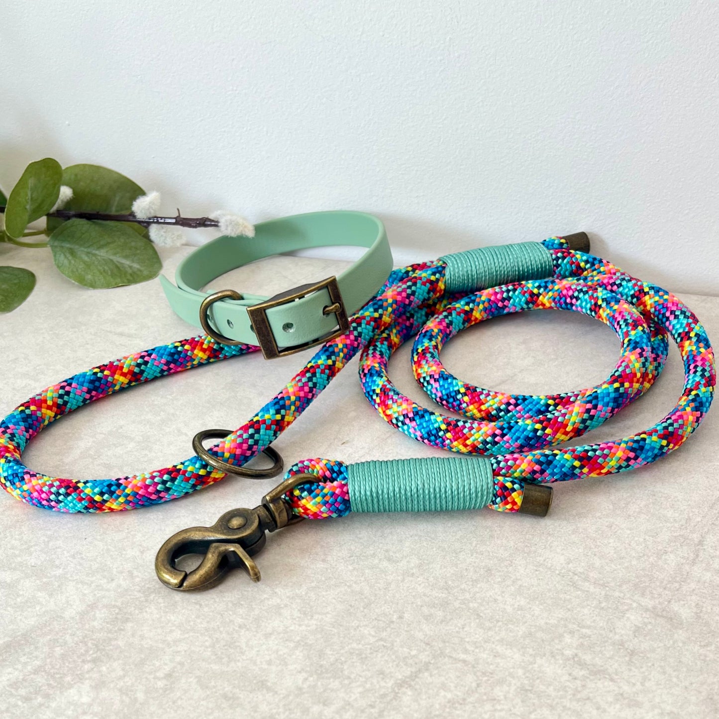 Confetti multi coloured rope lead with Sea Green whipping securing a swivel clip at one end and fastening a handle at the other. The handle has an O-ring attached. Each end of the rope is finished with a metal end cap. All hardware for this lead is in Antique Brass