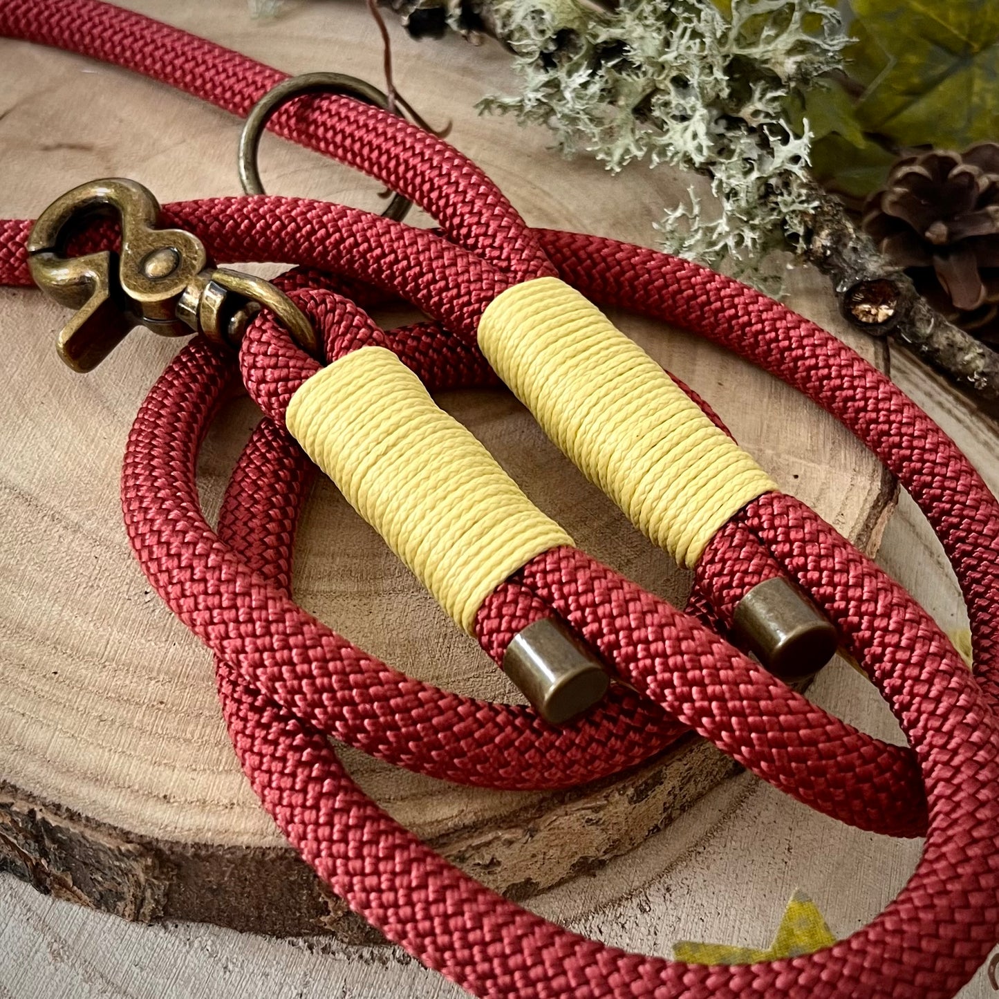 Copper Red Paracord rope lead with Pastel Yellow whipping securing each end together. At each end of the rope there is a metal end cap, a clip to connect to a collar at one end and a O-ring fixed to the handle. All hardware is Antique Brass