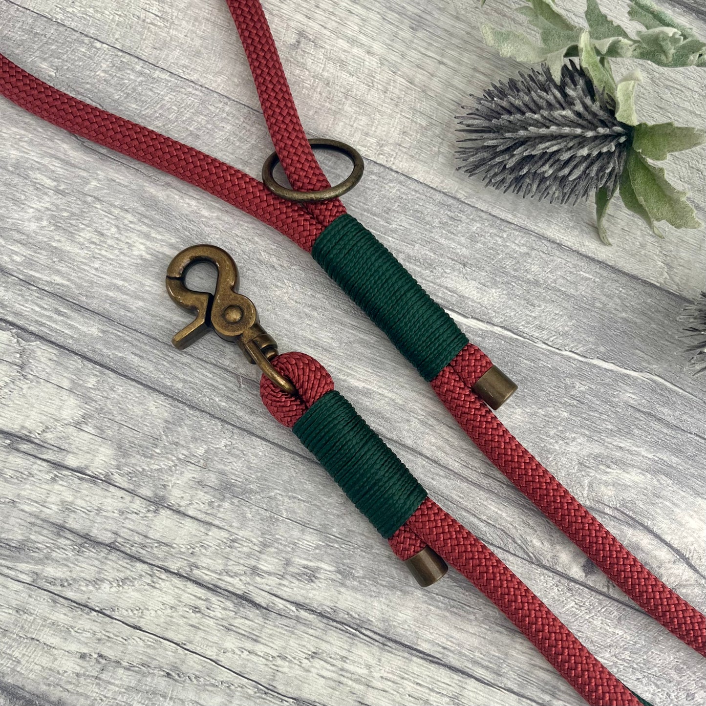 Copper Red Paracord rope lead with Dark Green whipping securing each end together. At each end of the rope there is a metal end cap, a clip to connect to a collar at one end and a O-ring fixed to the handle. All hardware is Antique Brass