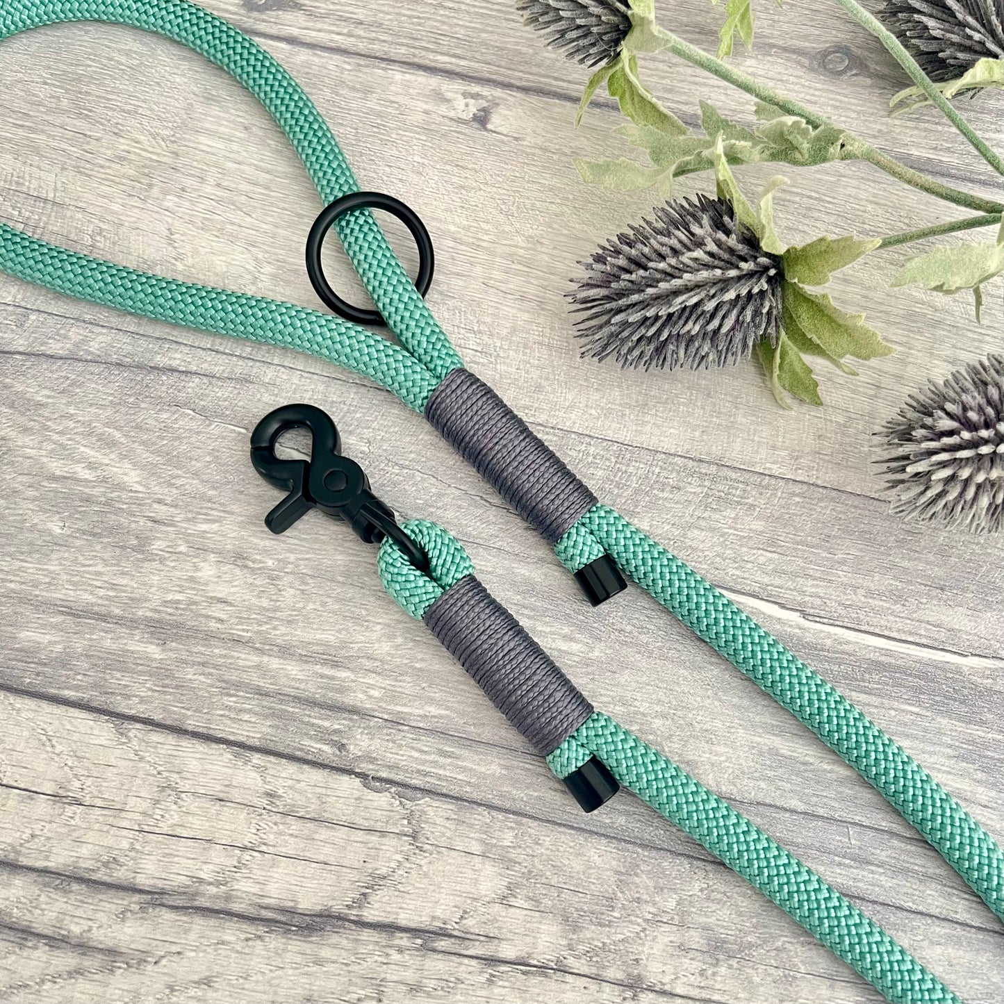Sea Green rope lead with Tan coloured whipping securing a swivel clip at one end and fastening a handle at the other. The handle has an O-ring attached. Each end of the rope is finished with a metal end cap. All hardware for this lead is in Black