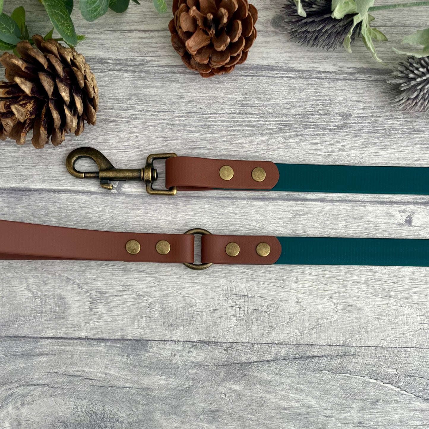 Two coloured Biothane dog lead. The handle and accent colour at the clip end of the lead is Brown the mail lead colour is Dark Green, giving the lead a two tone look. The hardware is Antique Brass.