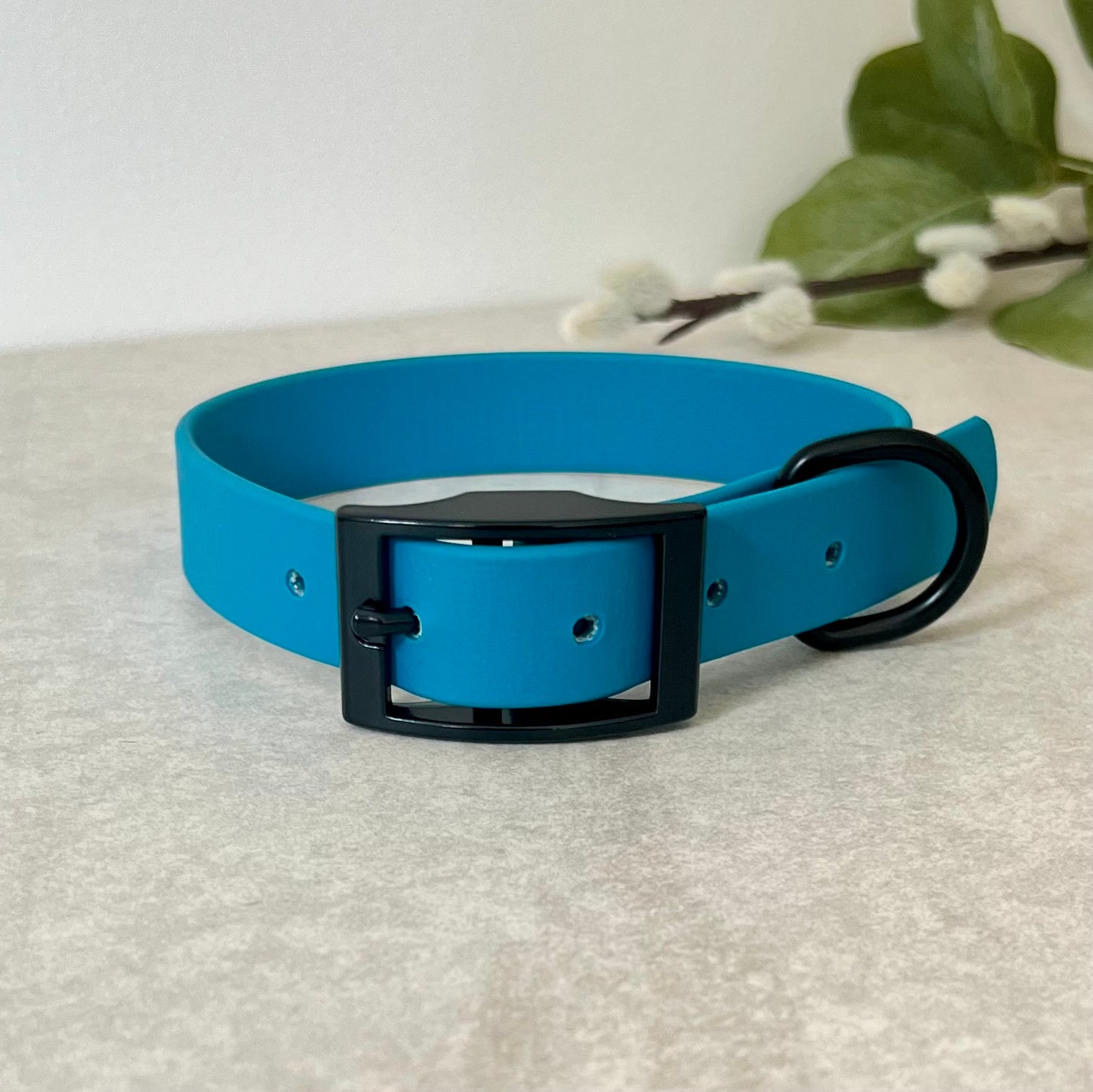 Biothane custom collar in Lagoon Blue with Black buckle and aD-ring. The collar has 5 holes which are spaced 2cm apart. Soft leather appearance