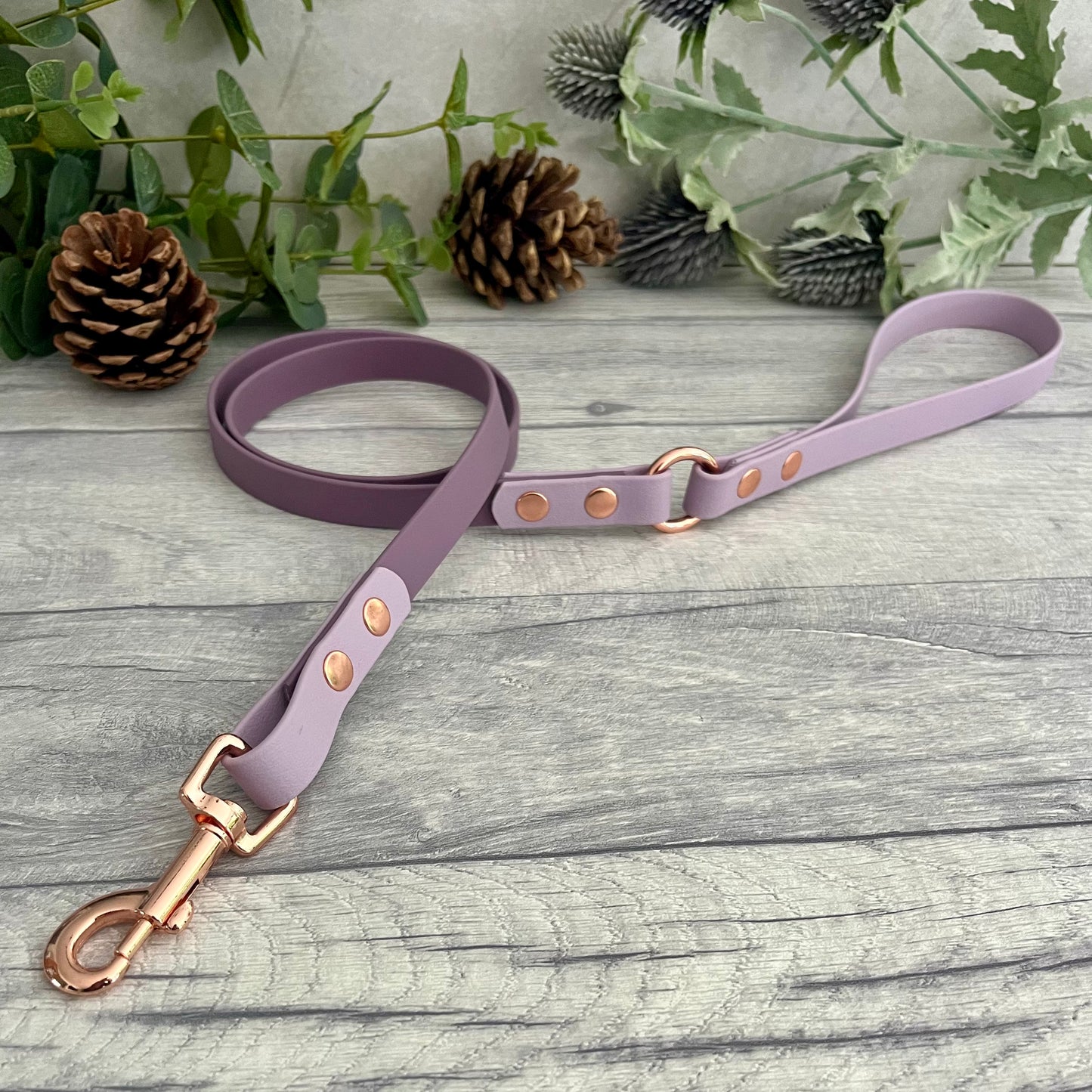 Two coloured Biothane dog lead. The handle and accent colour at the clip end of the lead is Lavender, the mail lead colour is Mauve giving the lead a two tone look. The hardware is Rose Gold