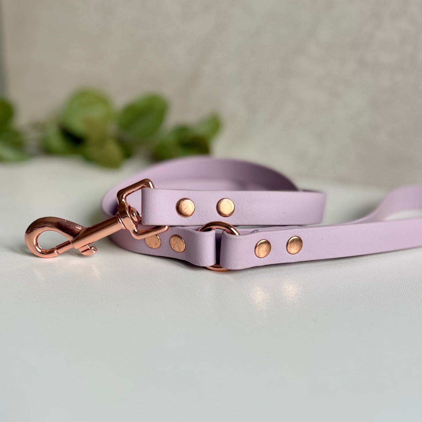 Lavender BioThane dog lead with Rose Gold hardware. The lead and handle are joined by an O-ring, each end is fixed with two rivets.