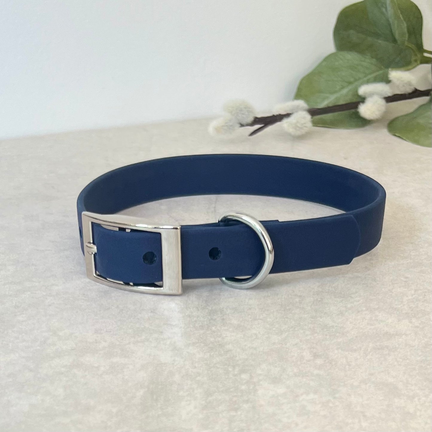 Navy Biothane dog collar with Silver hardware. The collar is fastened with a buckle and has a d-ring. There are 5 punched holes spaced 2cm apart.