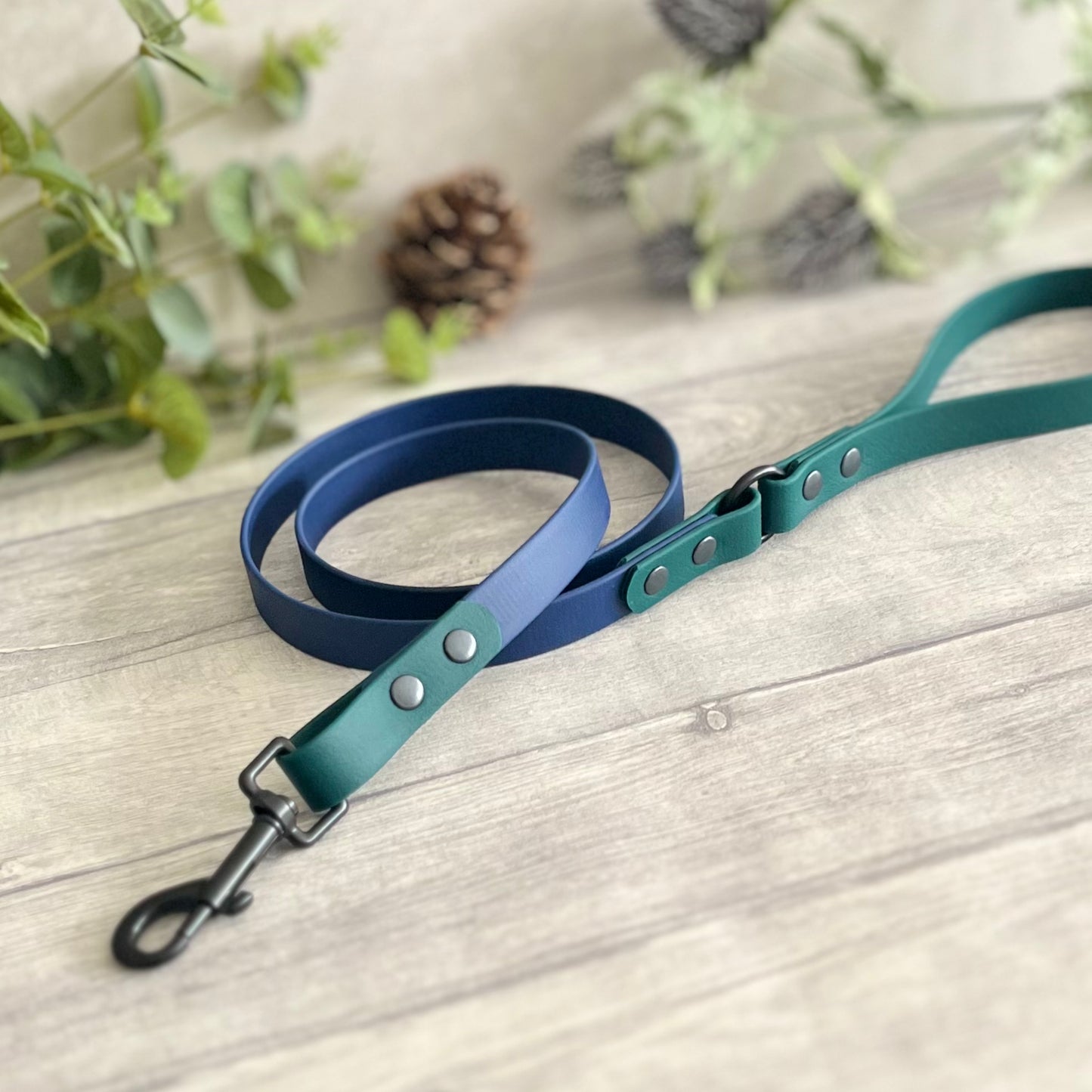 Two coloured Biothane dog lead. The handle and accent colour at the clip end of the lead is Dark Green the mail lead colour is Navy giving the lead a two tone look. The hardware is Black