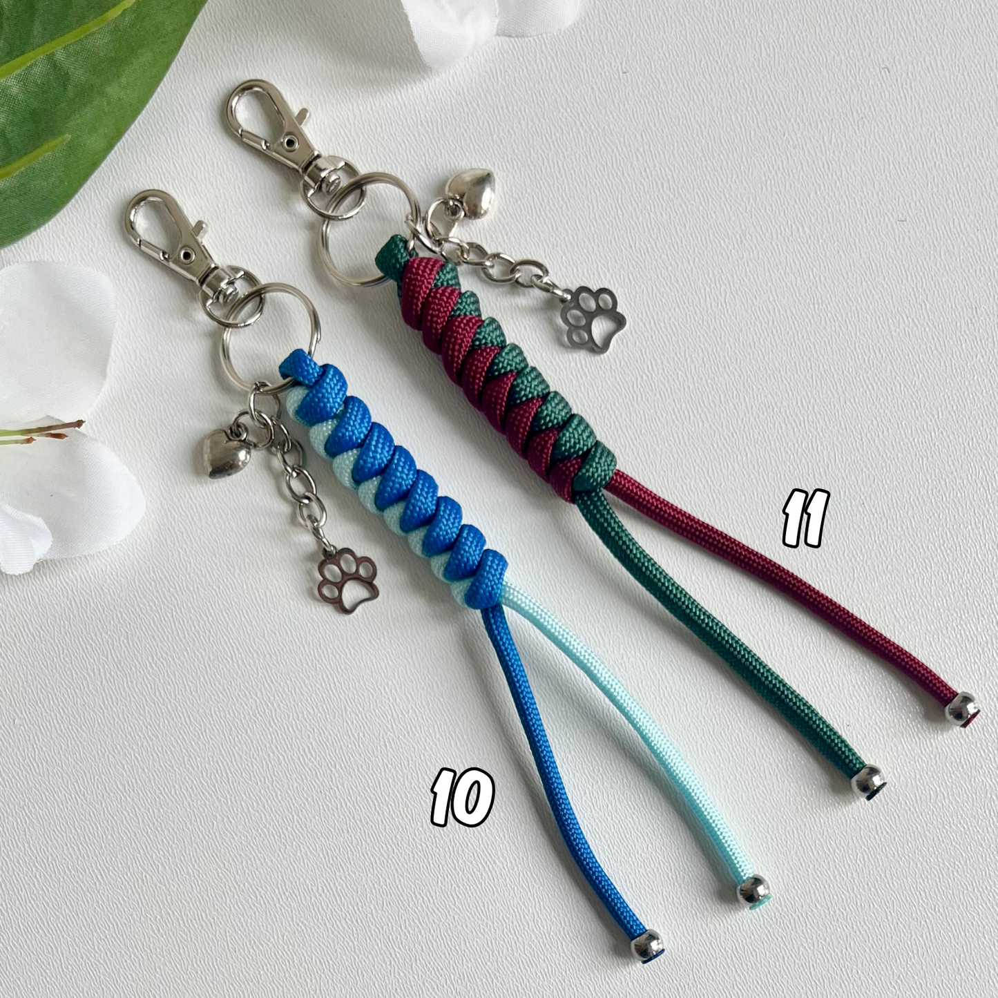 Handmade Paracord Keyrings with Heart and Paw Charms