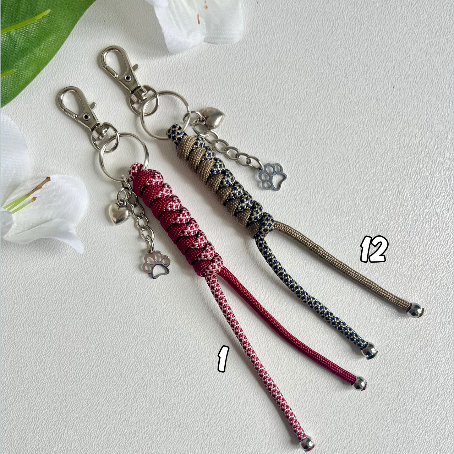Handmade Paracord Keyrings with Heart and Paw Charms