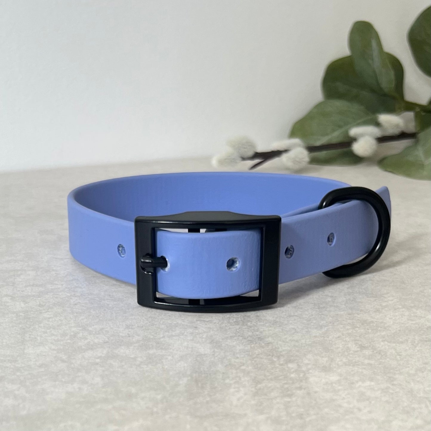 Biothane custom collar in Periwinkle with Black buckle and aD-ring. The collar has 5 holes which are spaced 2cm apart. Soft leather appearance