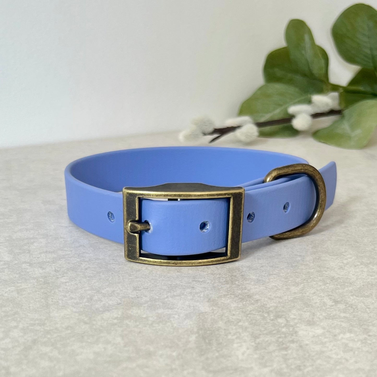Biothane custom collar in Periwinkle with Antique Brass buckle and aD-ring. The collar has 5 holes which are spaced 2cm apart. Soft leather appearance