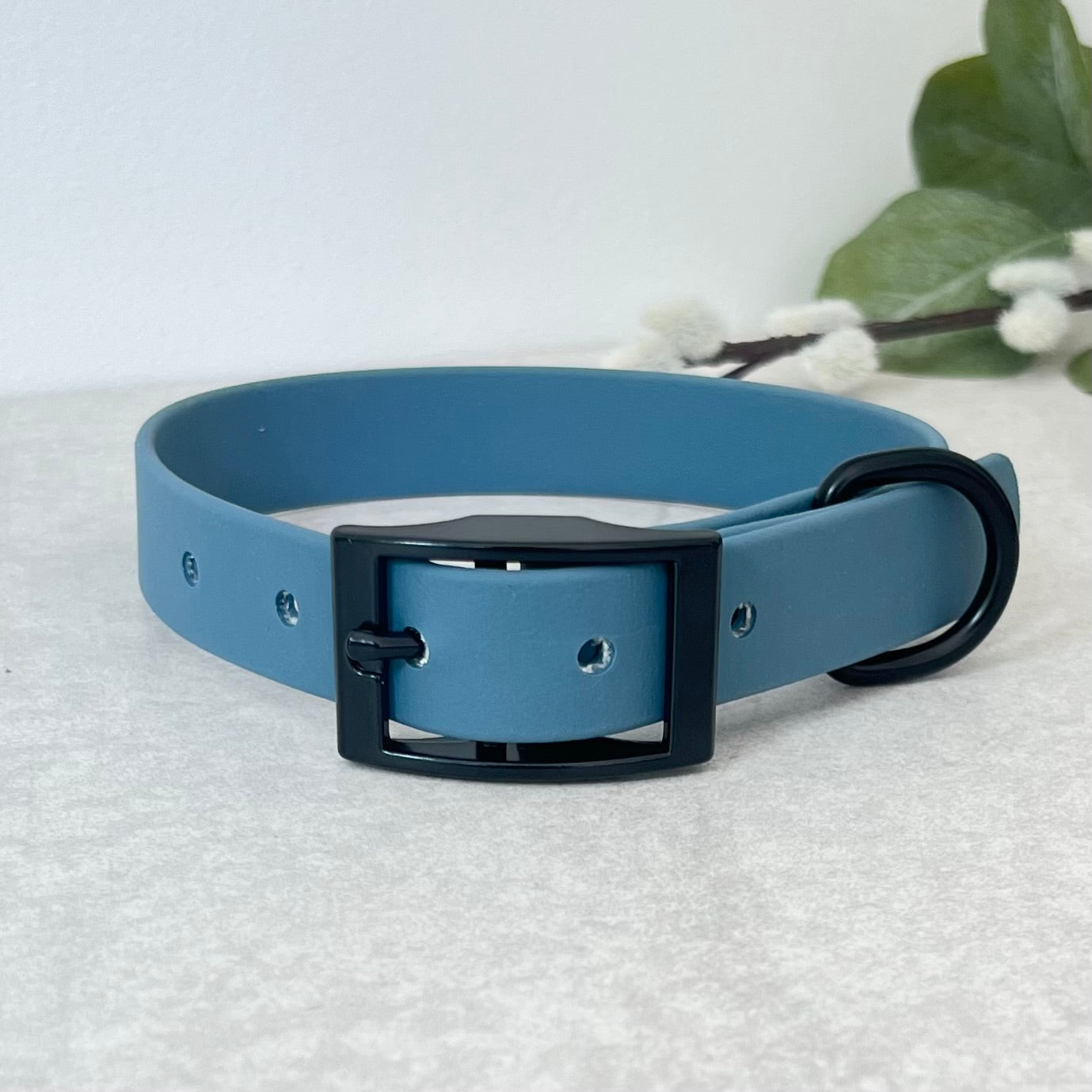 Petrol Blue Biothane dog collar with Black hardware. The collar is fastened with a buckle and has a d-ring. There are 5 punched holes spaced 2cm apart.