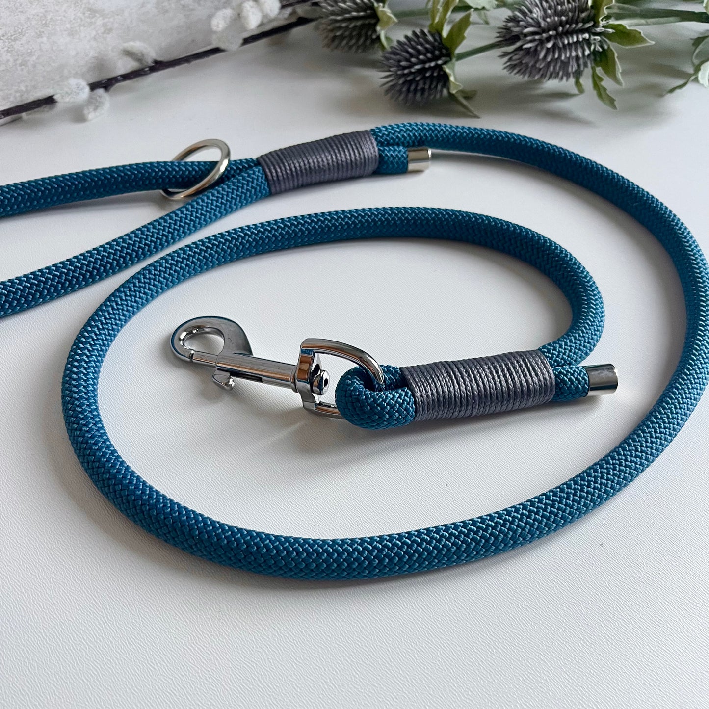 Petrol Blue rope dog lead with charcoal binding and silver hardware