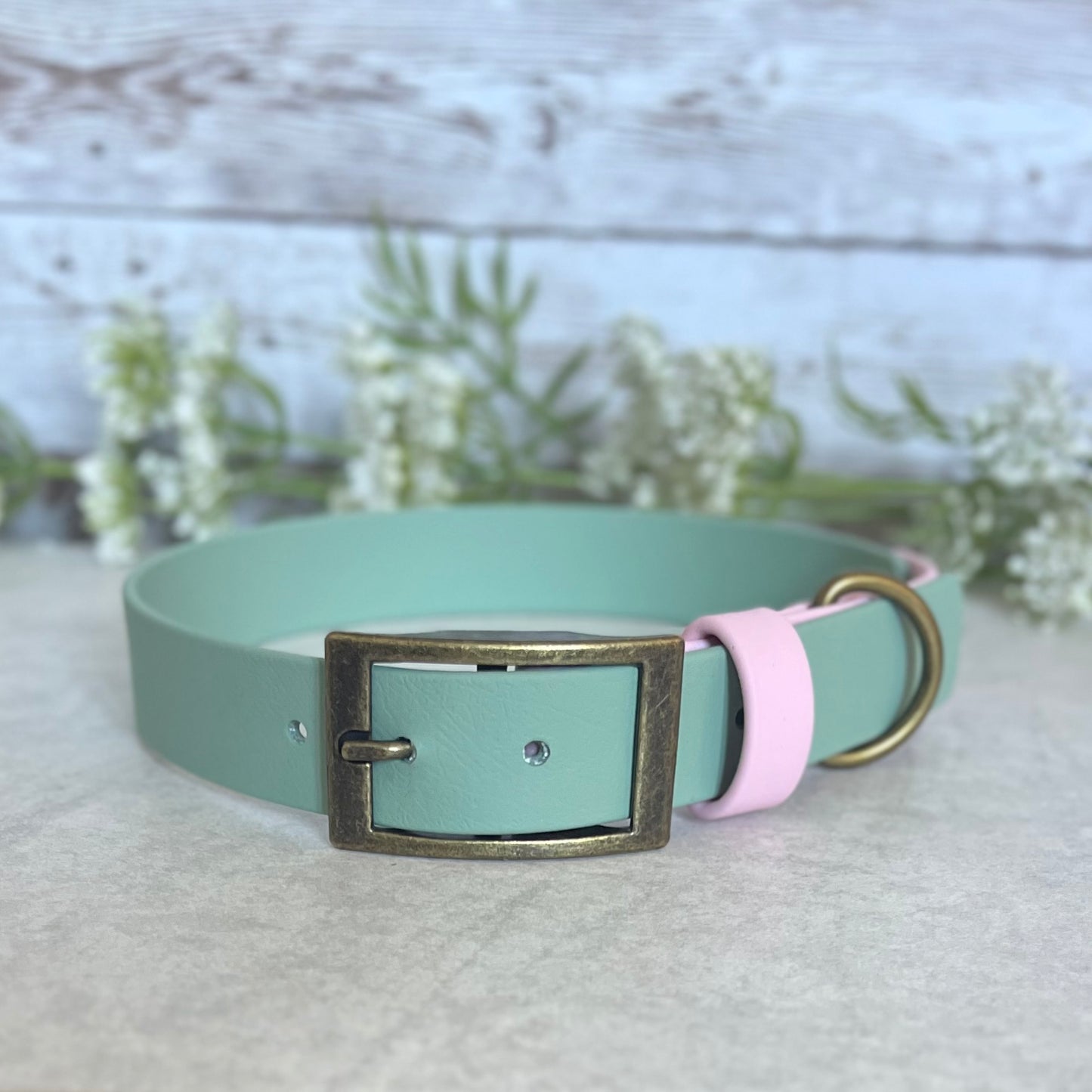 Two tone dog collar in Sage Green and Light Pink. The collar strap is two colous fixed together with a rivet. The collar has a Biothane strap keeper and a metal D-ring with 5 x punched holes. All hardware is Antique Brass