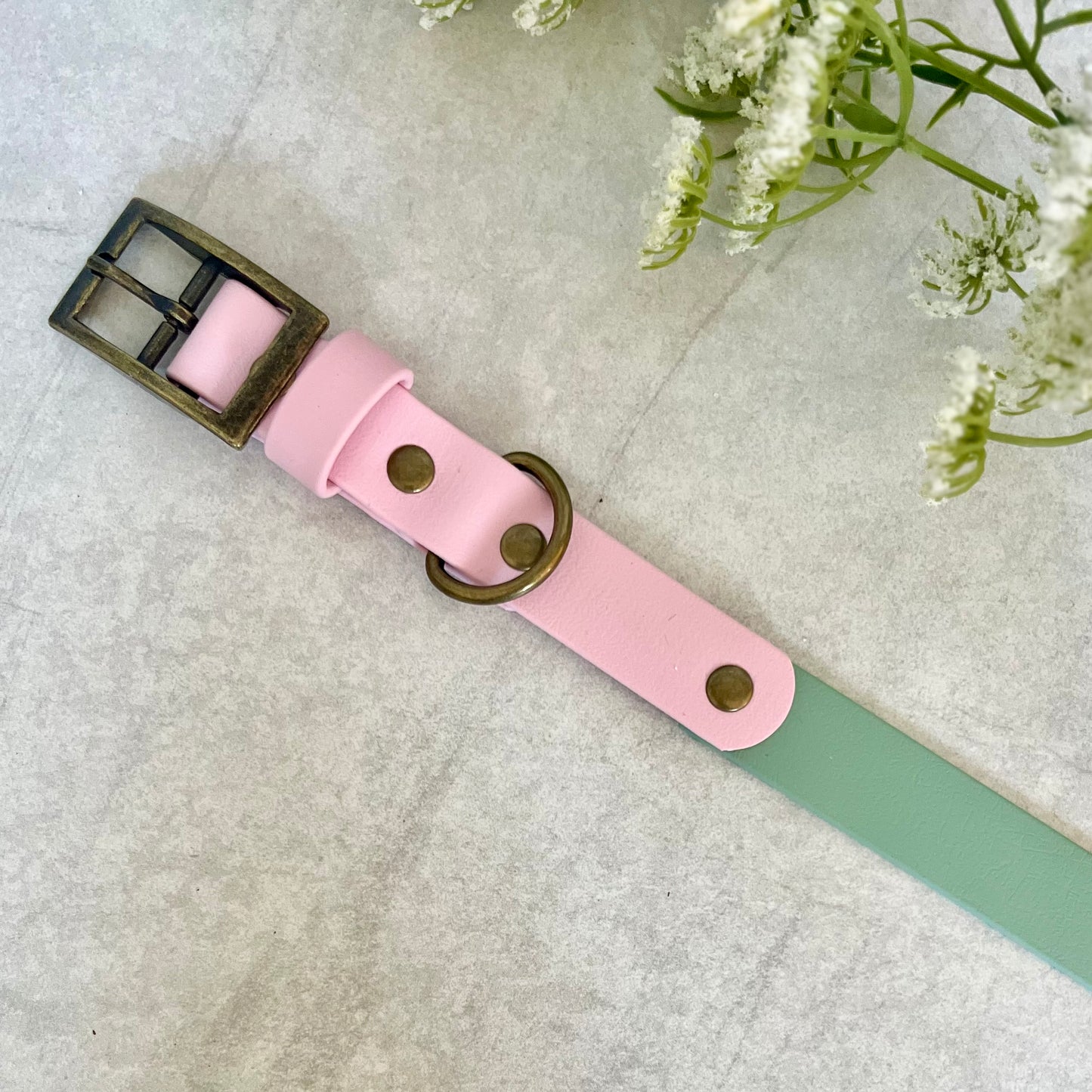 Two tone dog collar in Sage Green and Light Pink. The collar strap is two colous fixed together with a rivet. The collar has a Biothane strap keeper and a metal D-ring with 5 x punched holes. All hardware is Antique Brass