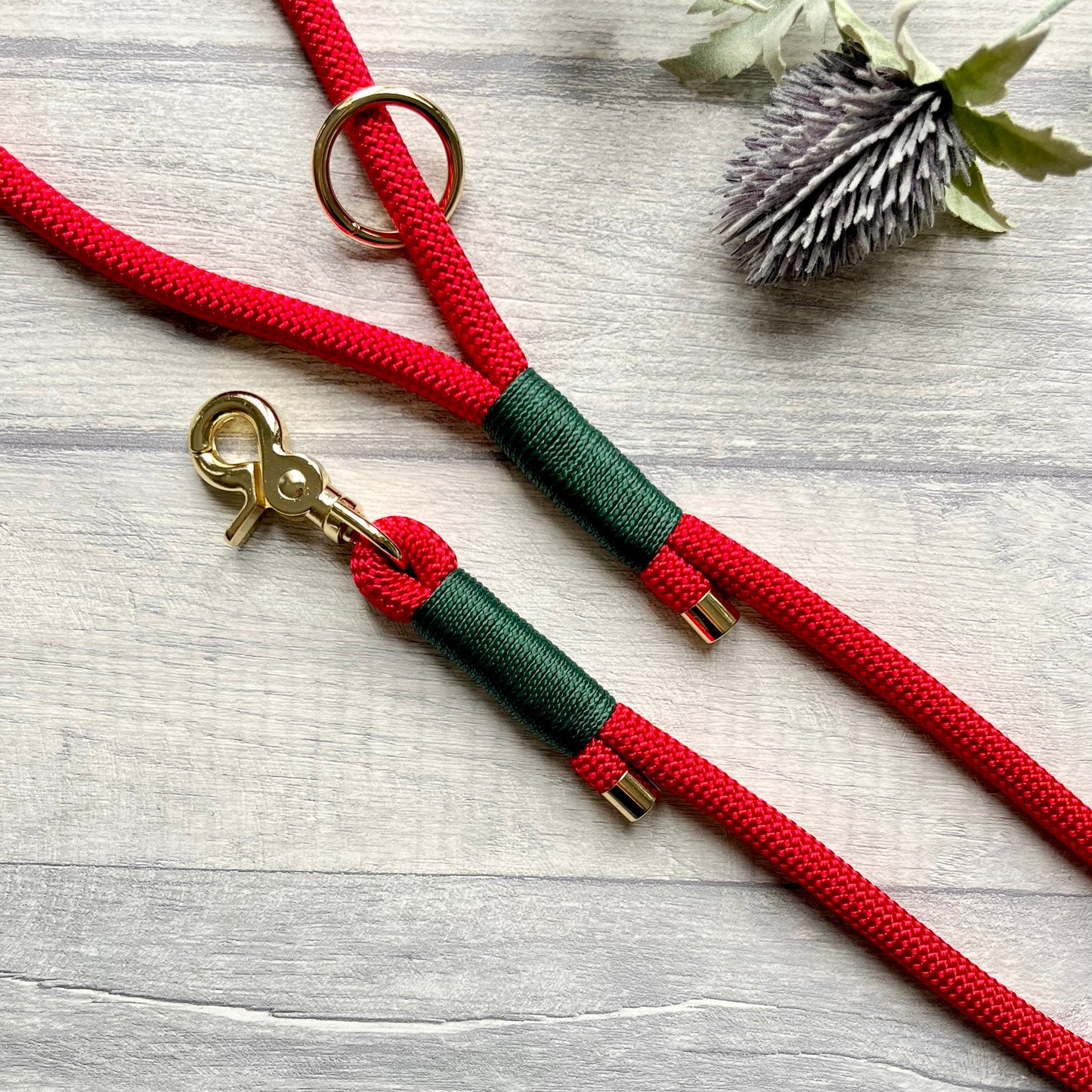 Red rope lead with Dark Green whipping securing a swivel clip at one end with whipping securing a handle at the other. The ends of the rope ends are finished with metal end caps. All hardware is in Gold