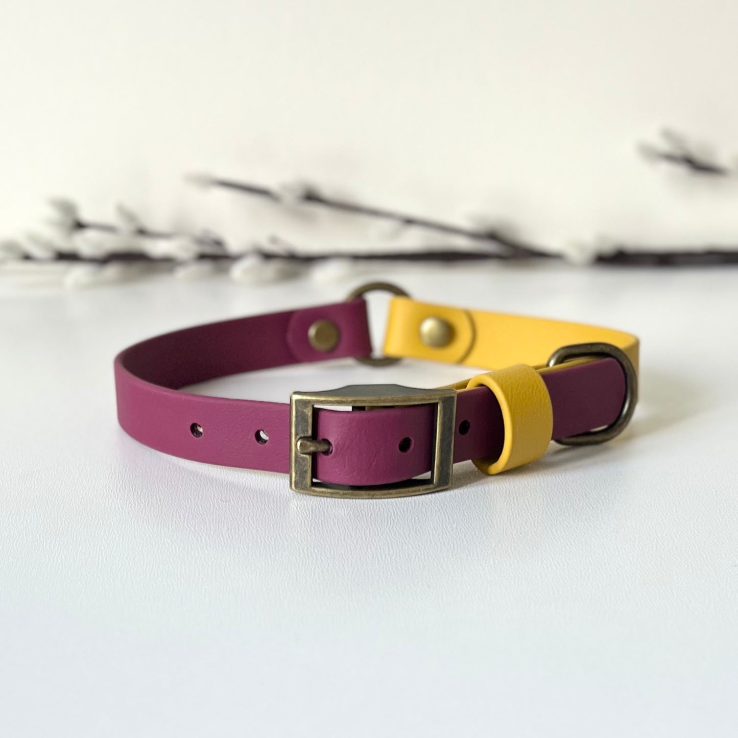 wind red and mustard two tone dog collar in biothane.