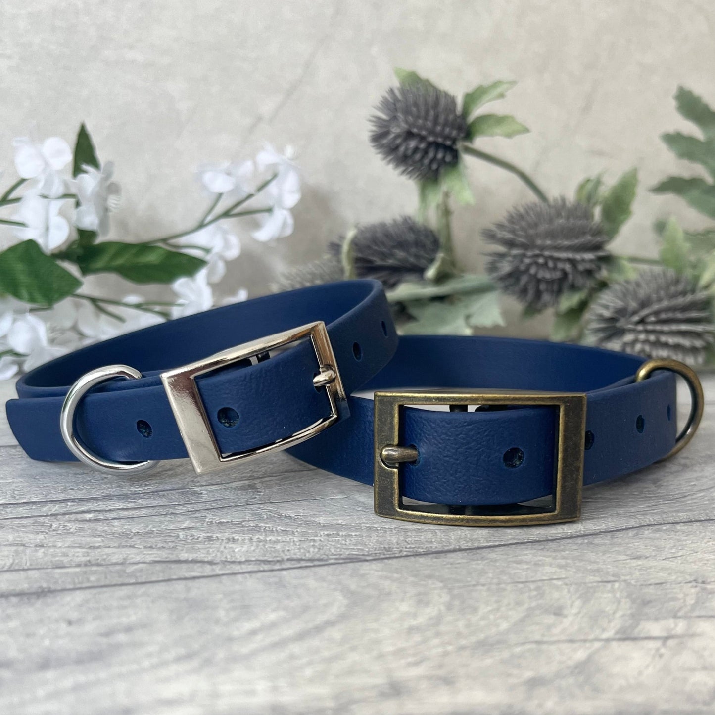 Two Navy Biothane dog collars, one with Silver and the other with Antique Brass hardware. The collar is fastened with a buckle and has a d-ring. There are 5 punched holes spaced 2cm apart.