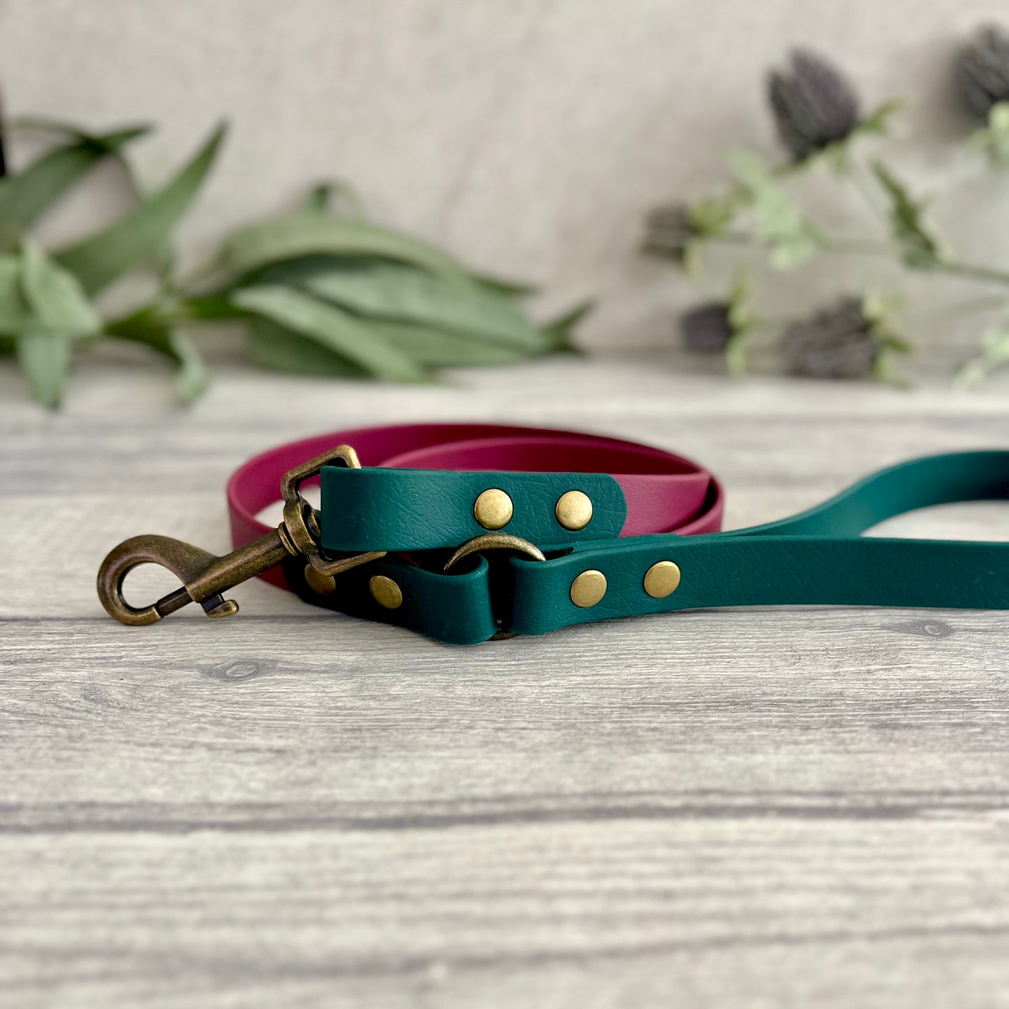 Two coloured Biothane dog lead. The handle and accent colour at the clip end of the lead is Dark Green, the mail lead colour is Wine Red giving the lead a two tone look. The hardware is Antique Brass