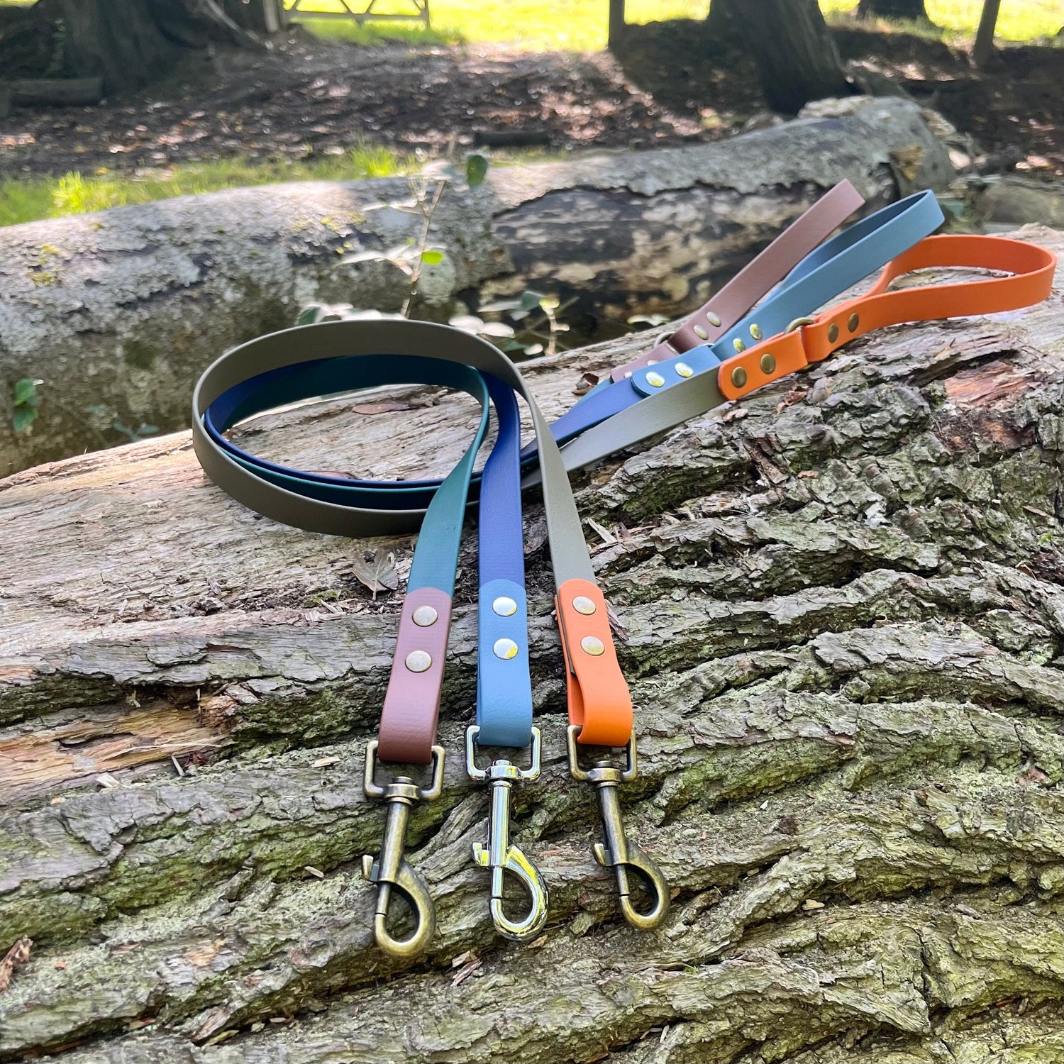 Three two tone - two coloured biothane dog leads. Each lead has one colour of lead length with an accent colour fixing the clip at one end with another fixing the handle at the other. The handle is the same as the accent colour.