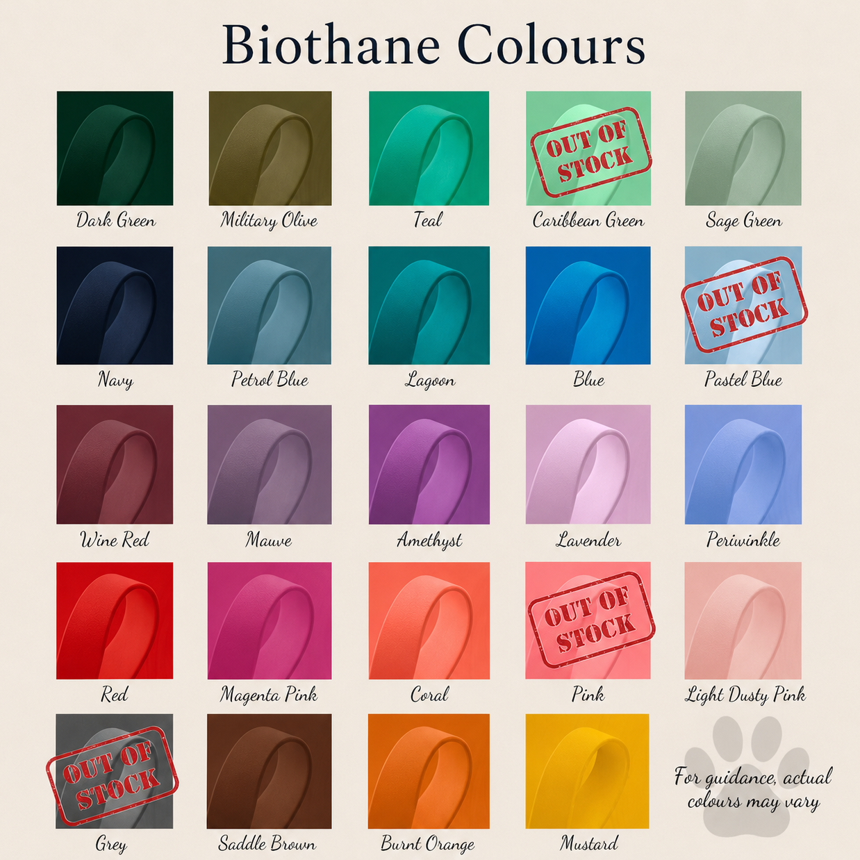 A colour chart titled Biothane colours displaying swatches of biothane in various shades. Three swatches are marked with an Out of Stock stamp.