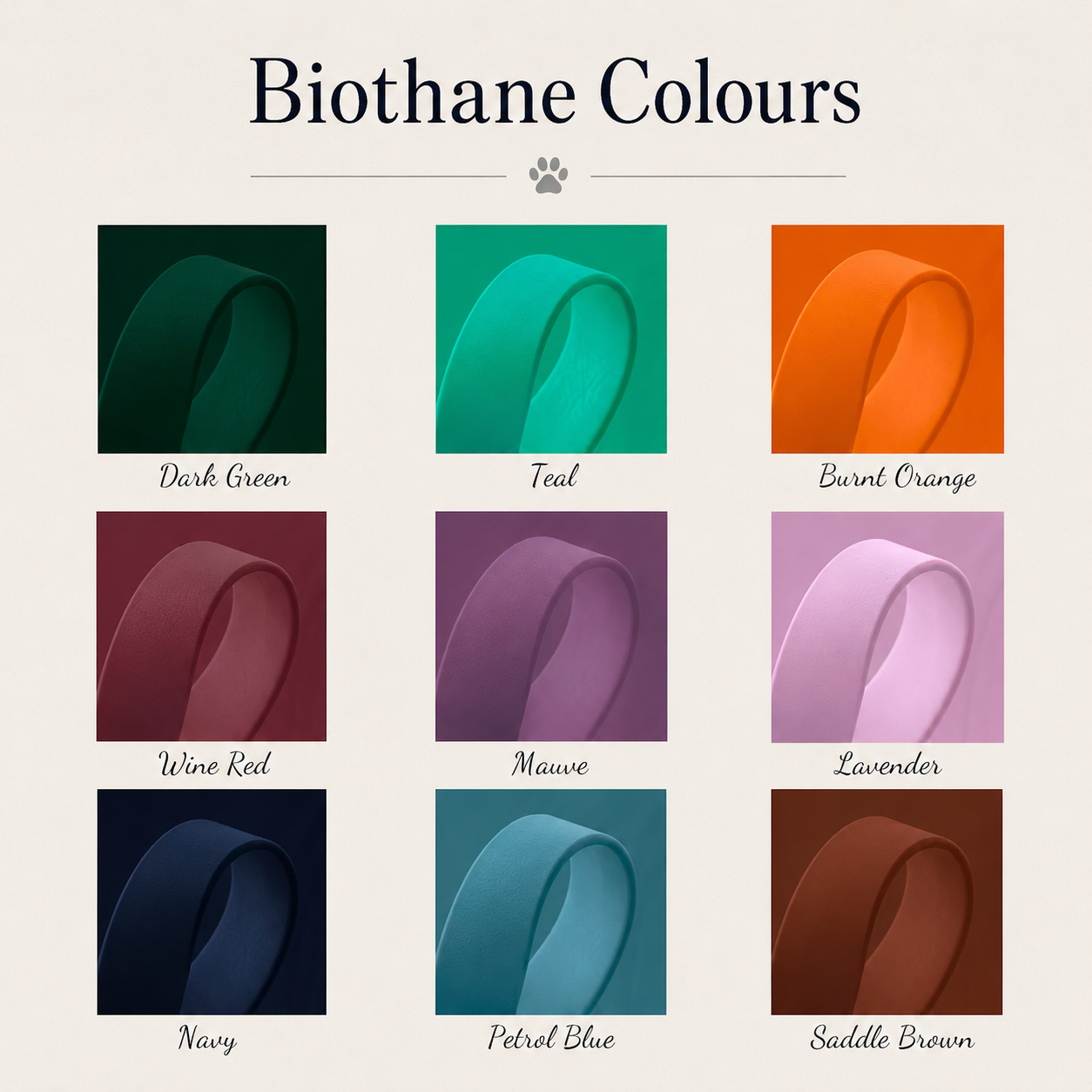 Color swatches of Biothane material with names below each swatch on a beige background.