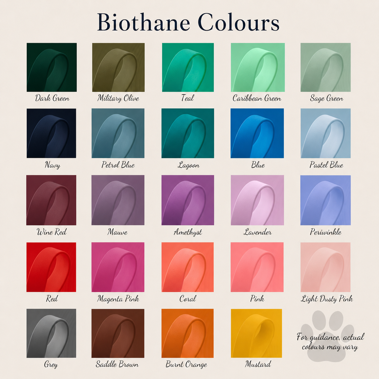 Color swatches of Biothane material with names and a note on color variation.