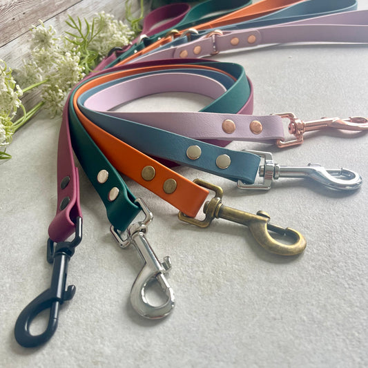 Set of colorful dog leashes with metal clasps on a light background
