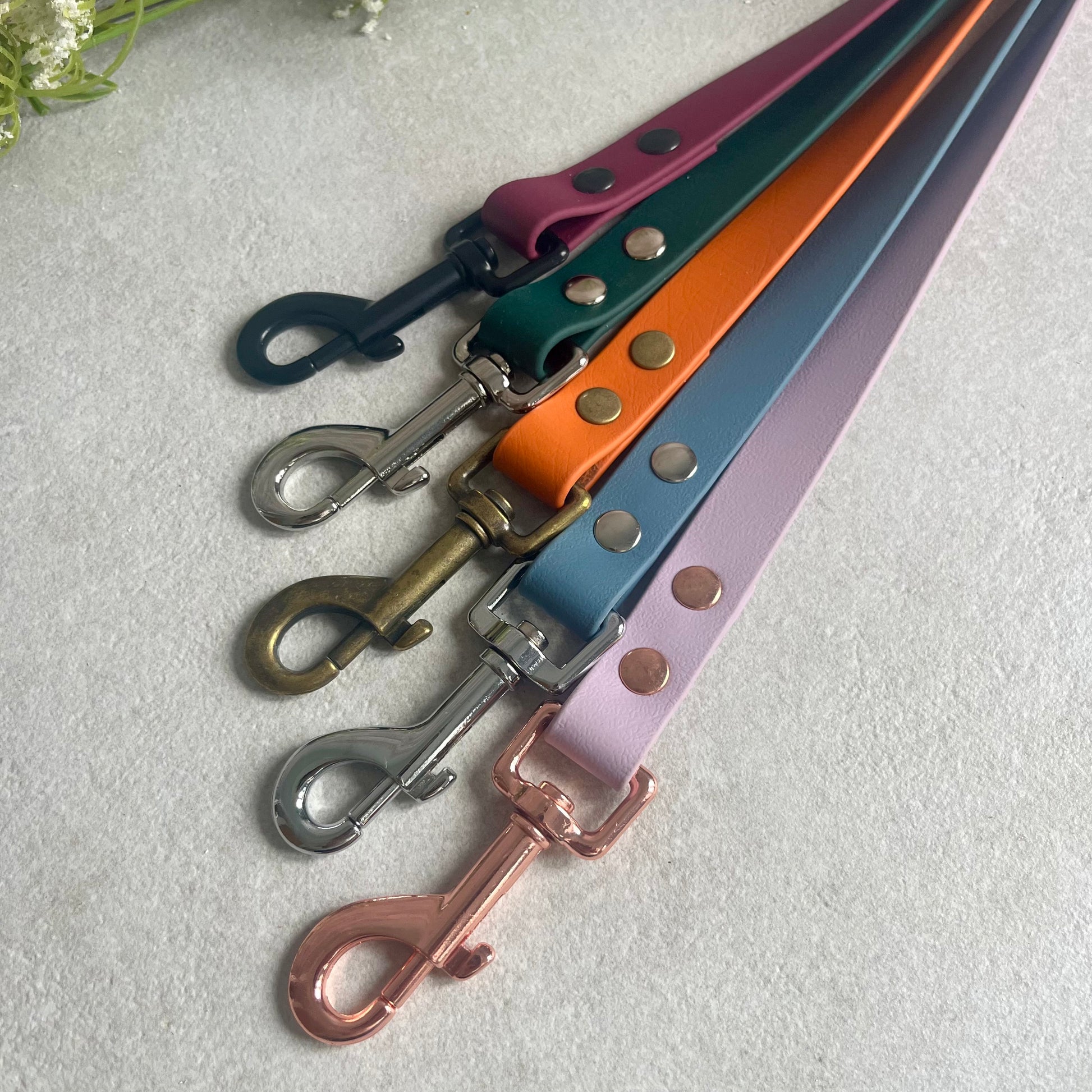 Set of colorful dog leashes with metal clasps on a light gray background