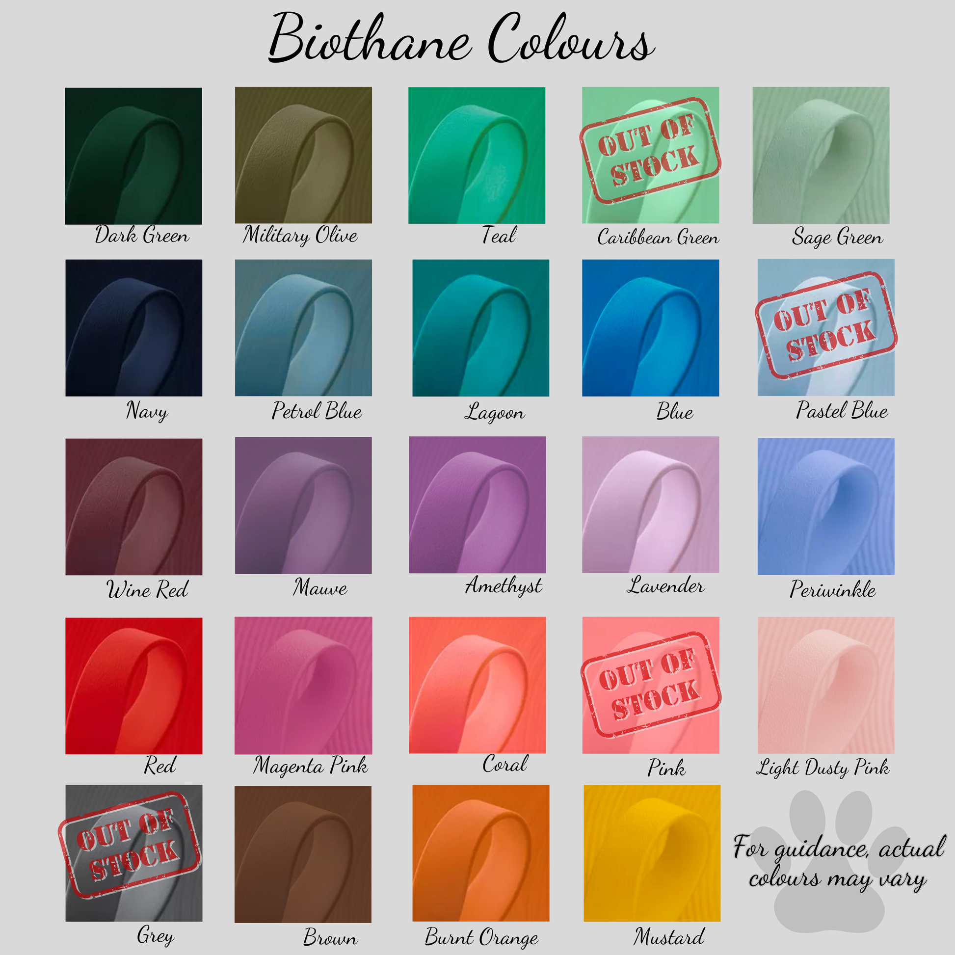 Chart displaying various Biothane colours 