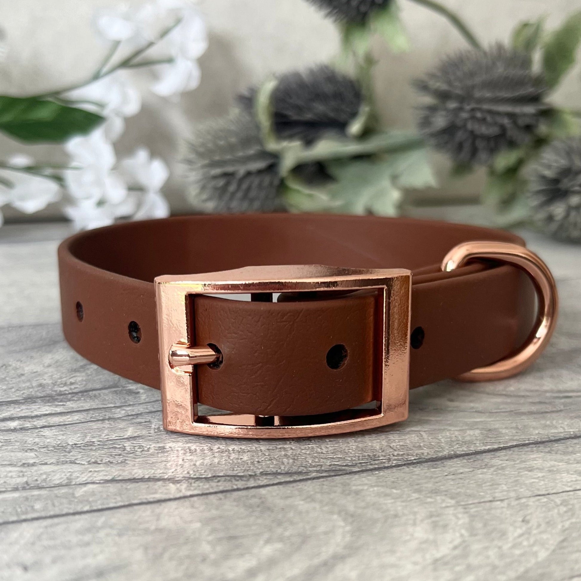 Biothane custom collar in Brown with Antique Brass buckle and a D-ring. The collar has 5 holes which are spaced 2cm apart. The collar is fastened on the first hole and has a soft leather appearance