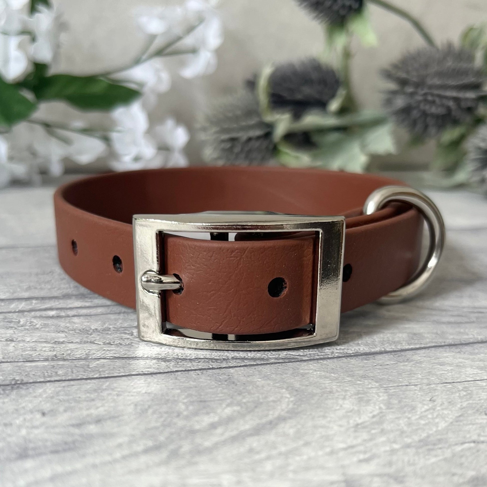 Biothane custom collar in Brown with Antique Brass buckle and a D-ring. The collar has 5 holes which are spaced 2cm apart. The collar is fastened on the first hole and has a soft leather appearance