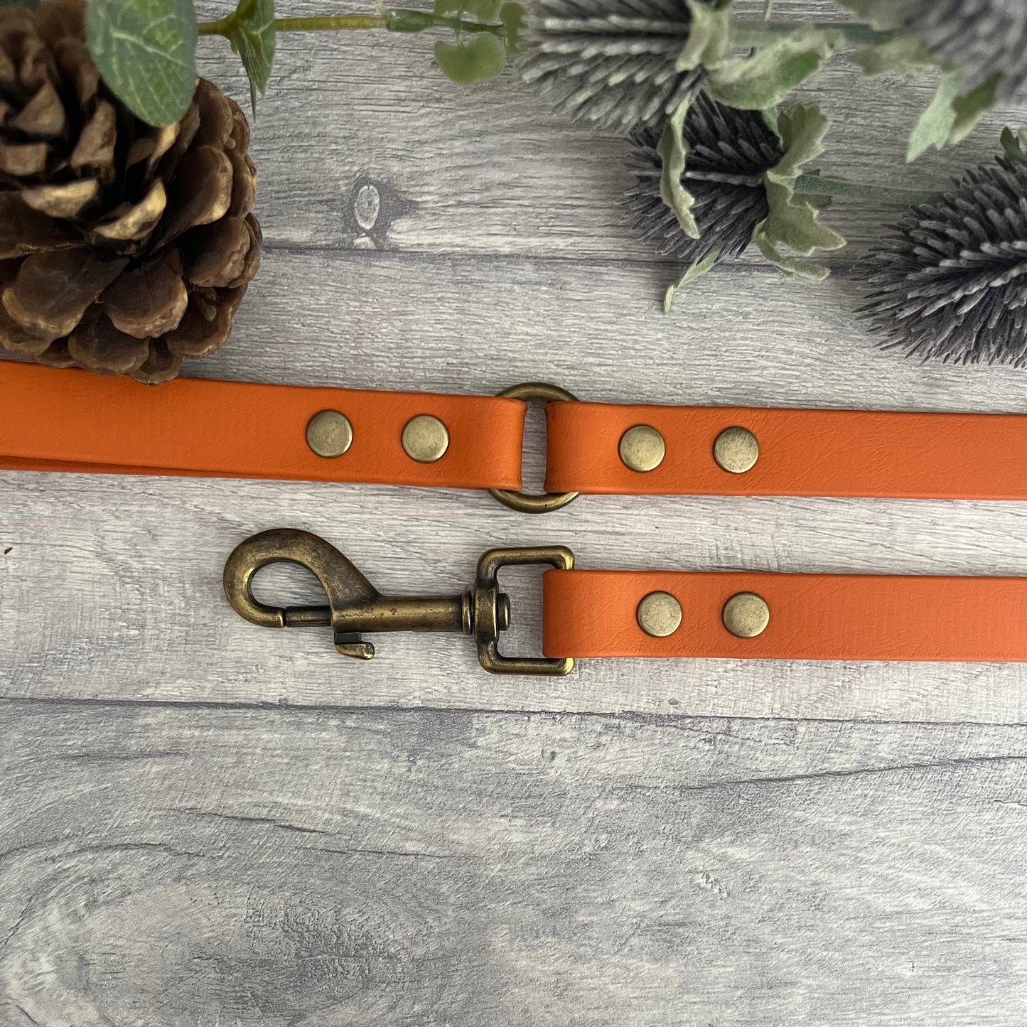 Burnt Orange Biothane lead with Antique Brass hardware. An O-ring connects the handle to the lead with double ended rivets fixing it together. A Snap Clip is fixed with double ended rivets. The lead has a soft leather appearance.