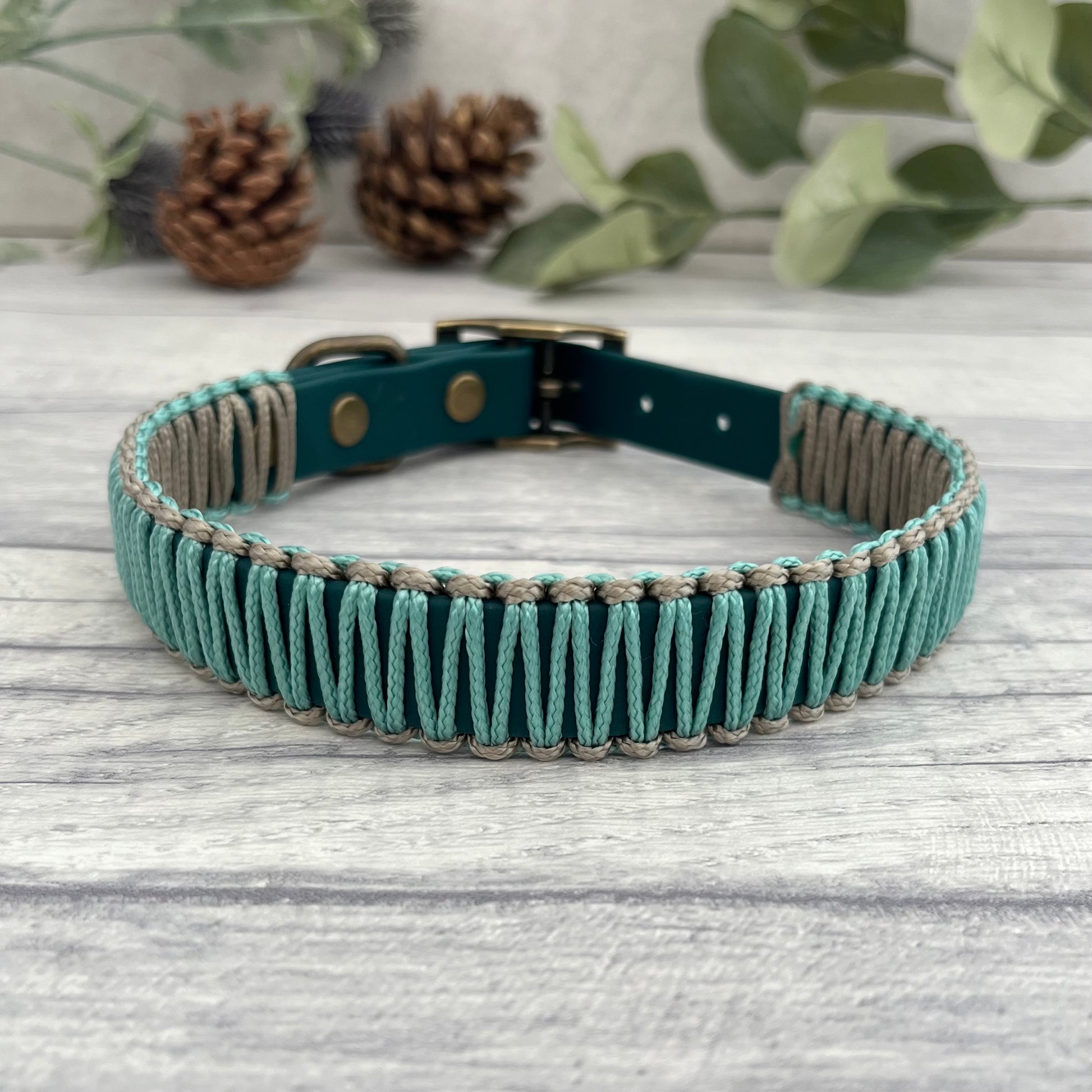 Dark Green Biothane collar wrapped in Sea Green & Tan PPM cord. The collar is fastened with a buckle and D-ring. The hardware is in Antique Brass