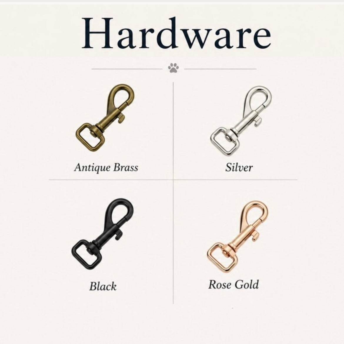 Four metal hardware options labeled 'Antique Brass', 'Silver', 'Black', and 'Rose Gold' on a white background.